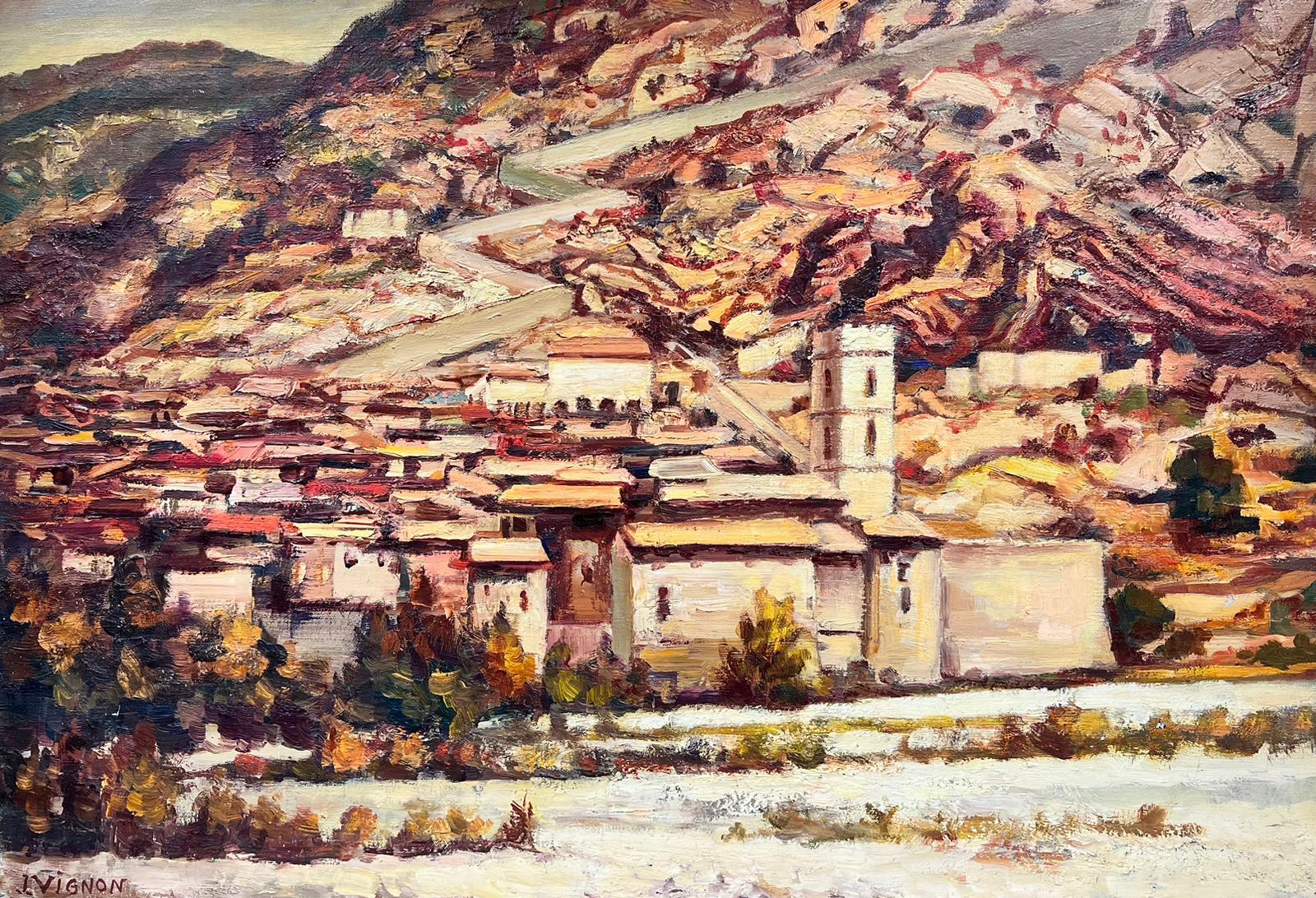 Josine Vignon Landscape Painting - Huge 1950's French Post-Impressionist Oranges Beige Brown Colors Catalan View