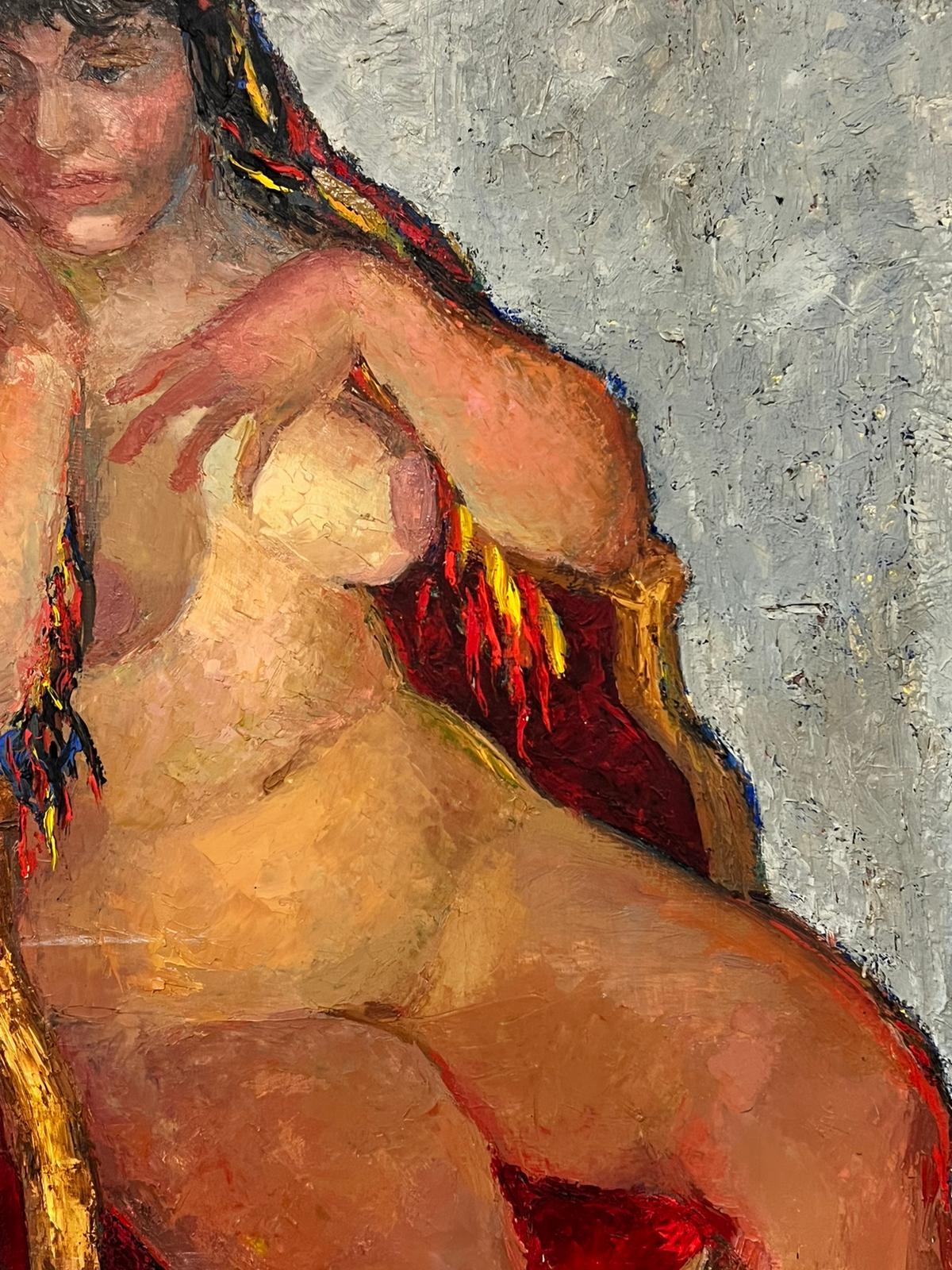 Huge 1960’s French Post Impressionist Oil Nude Lady Seated amazing texture oil - Painting by Josine Vignon