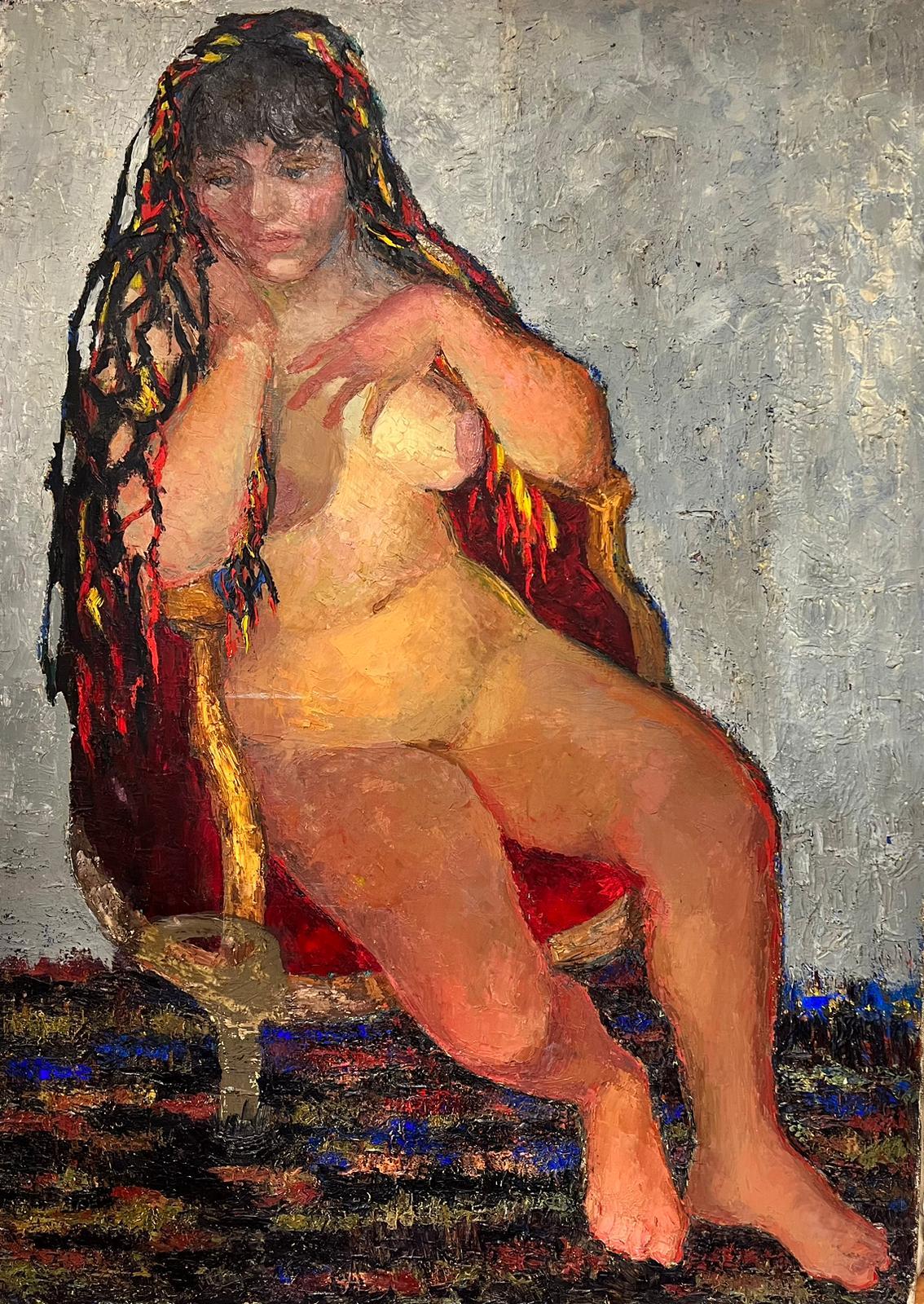 Josine Vignon Figurative Painting – Huge 1960's Französisch Post Impressionist Öl Nude Lady Seated erstaunliche Textur Öl