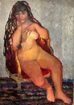 Énorme huile post-impressionniste française des années 1960 Femme nue assise huile à la texture étonnante