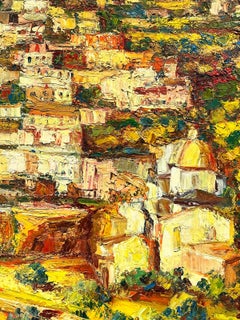 Huge 1960's French Post Impressionist Oil Painting Hillside South of France Town