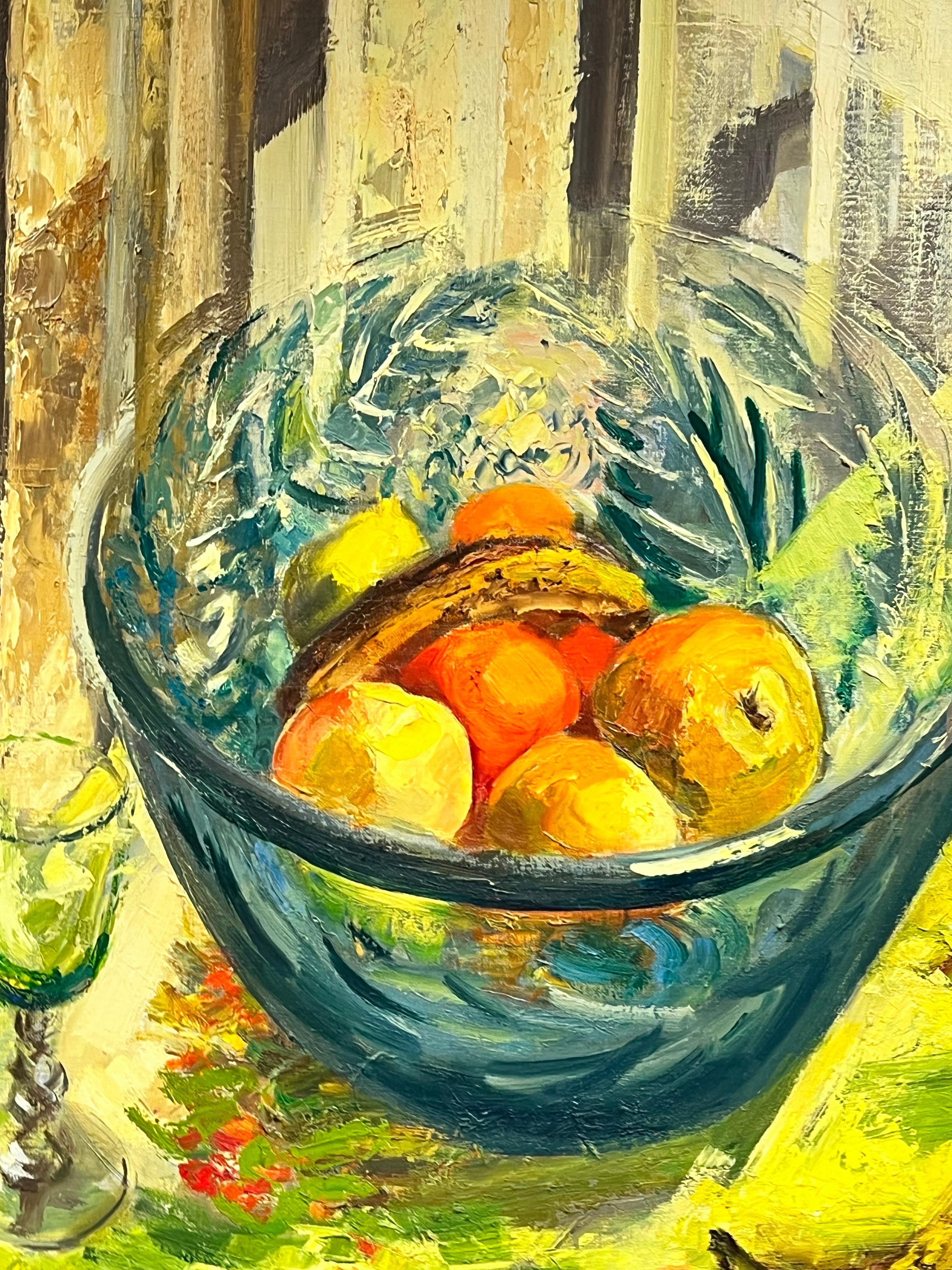 Huge 1960's French Post Impressionist Signed Oil Fruit Bowl Interior Room - Painting by Josine Vignon