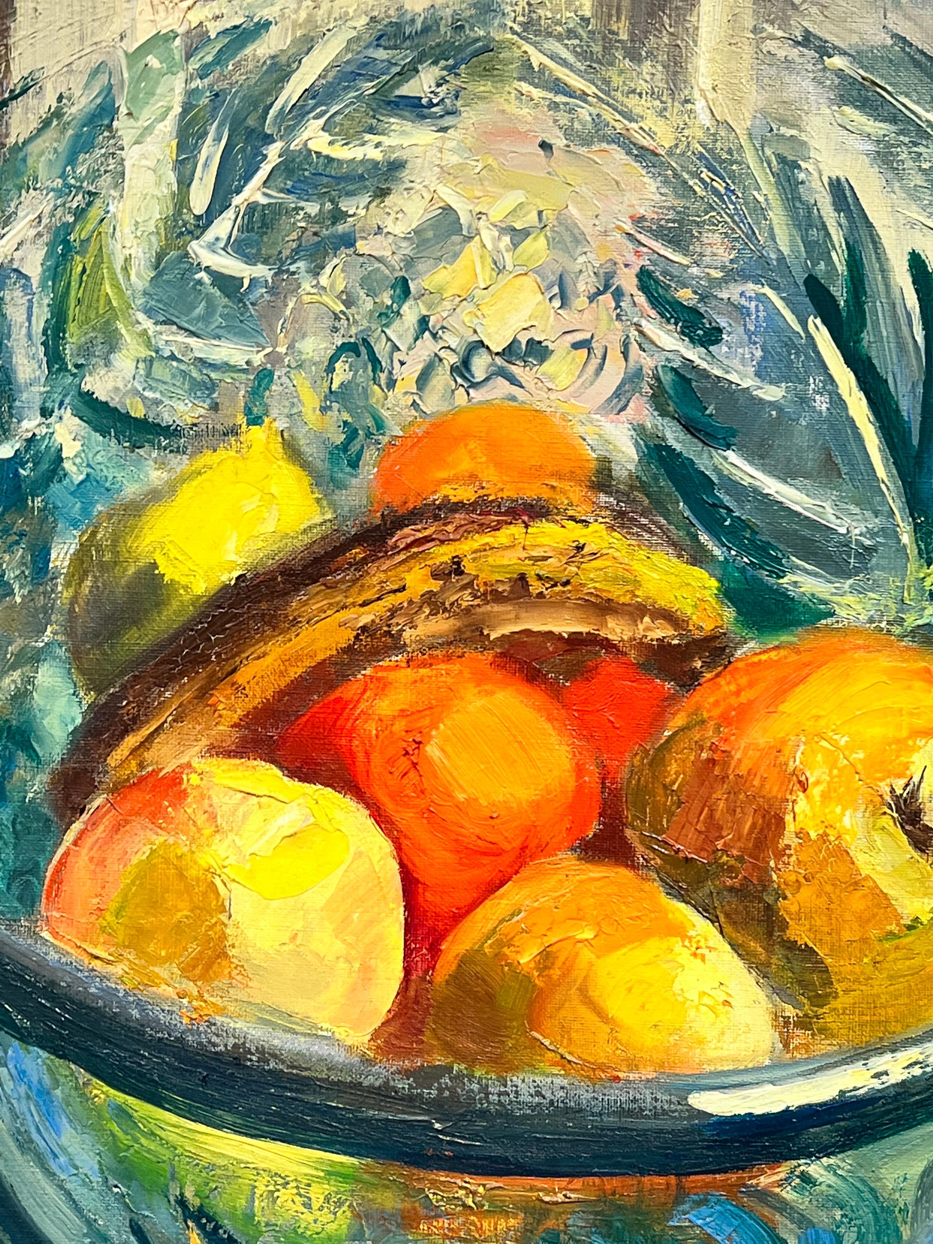 La coupe de fruits
par Josine Vignon (française 1922-2022)
signé 
peinture à l'huile sur toile, encadrée
encadré : 39 x 32 pouces
toile : 32 x 36 pouces

Couleurs : Couleurs vertes, jaune, bleu, orange 
et rouge

Très bon état. Le cadre est