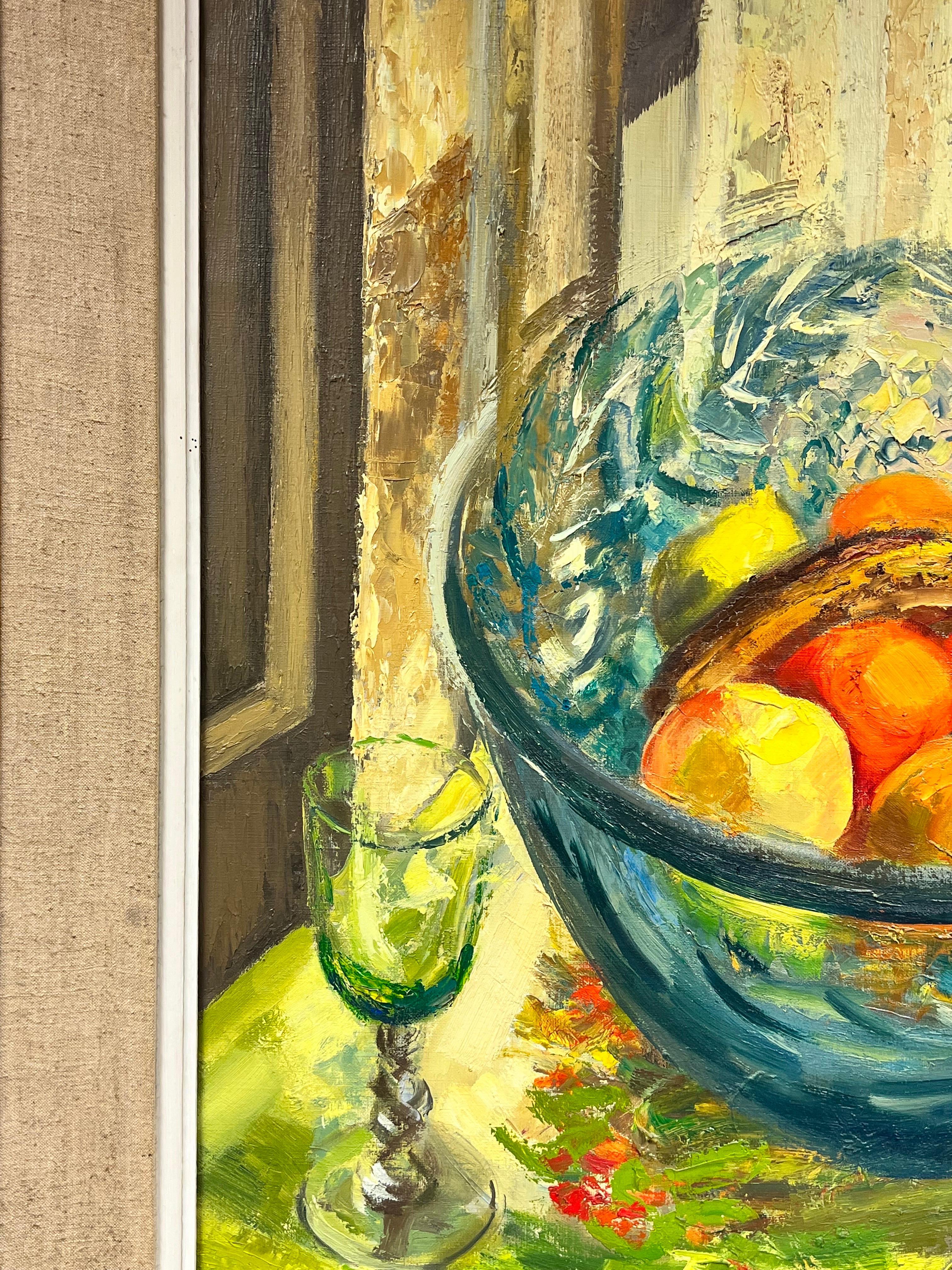 Huge 1960's French Post Impressionist Signed Oil Fruit Bowl Interior Room - Post-Impressionist Painting by Josine Vignon
