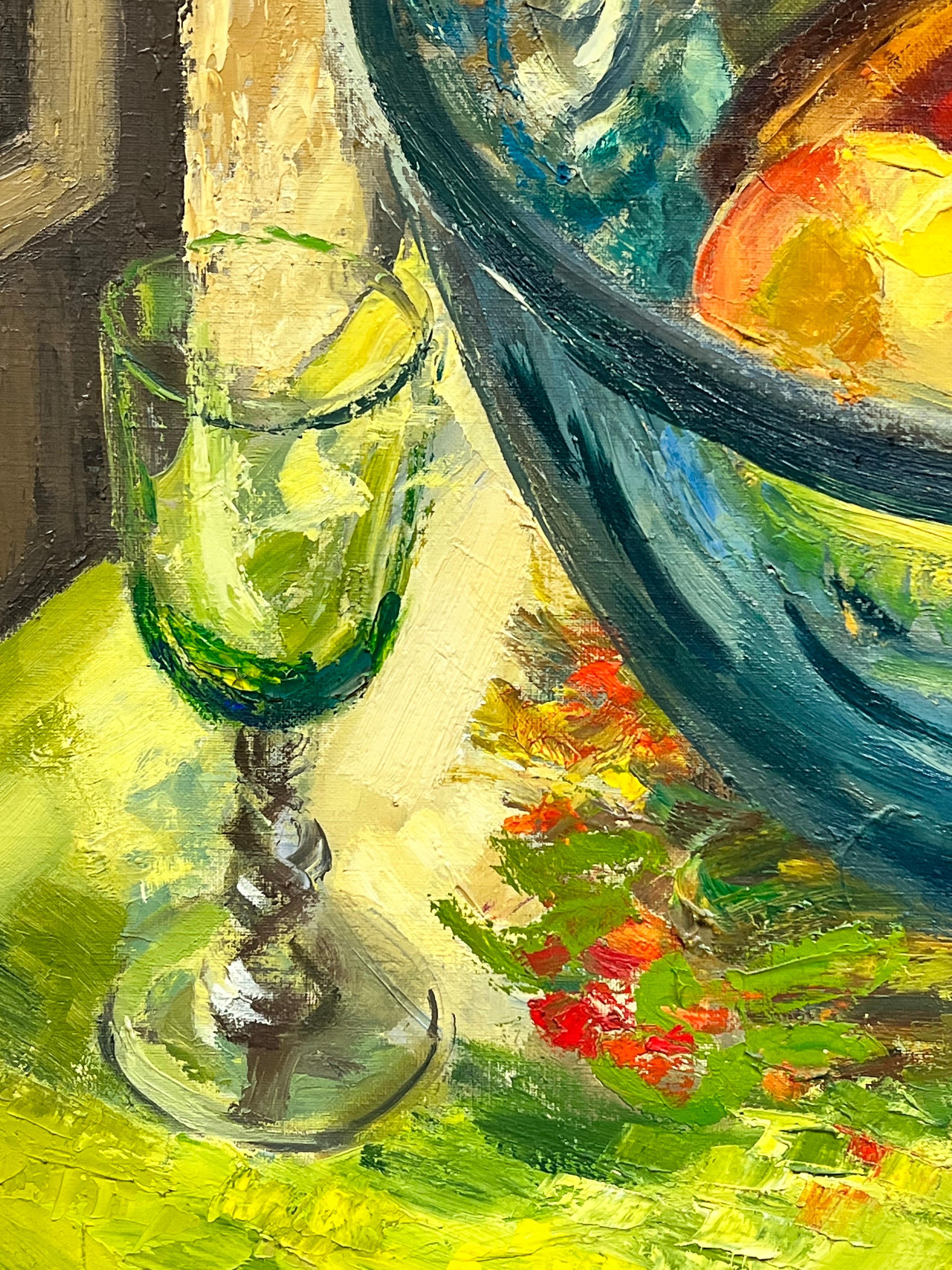 Huge 1960's French Post Impressionist Signed Oil Fruit Bowl Interior Room For Sale 1