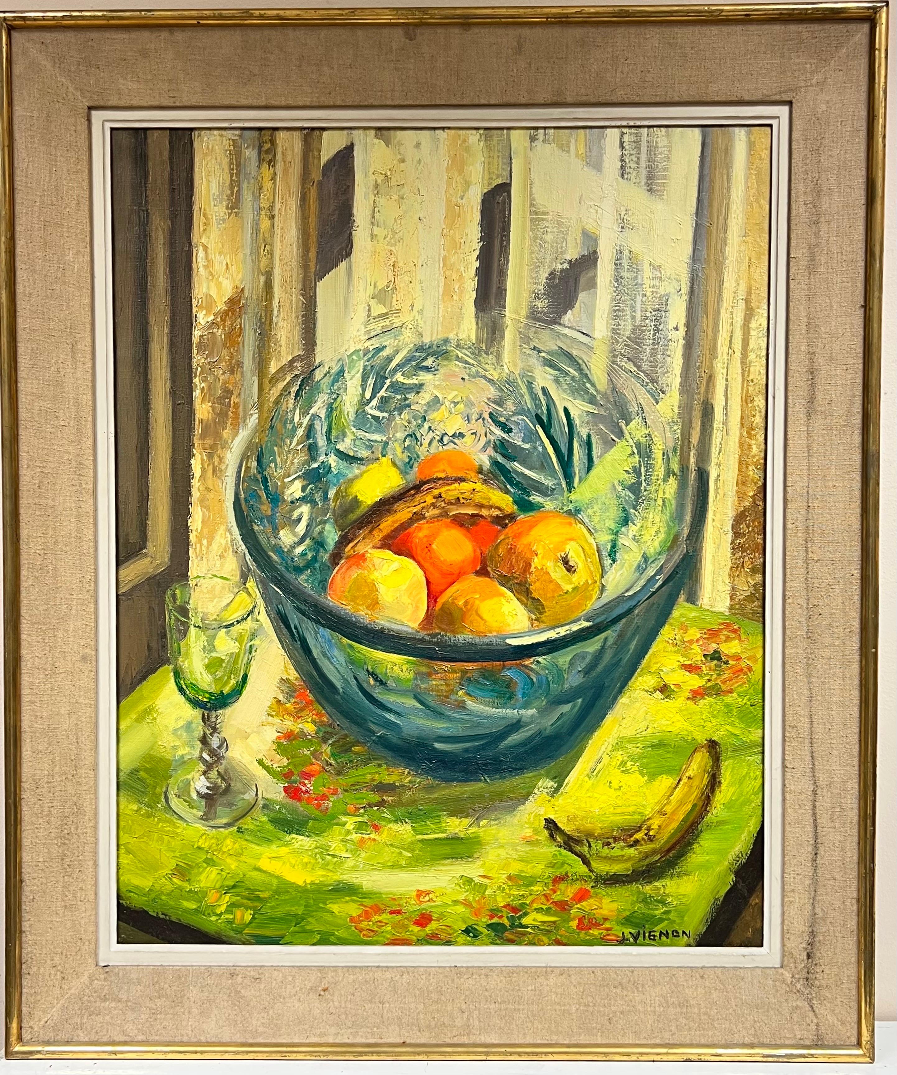 Grande coupe à fruits à l'huile française des années 1960 signée par les post-impressionnistes