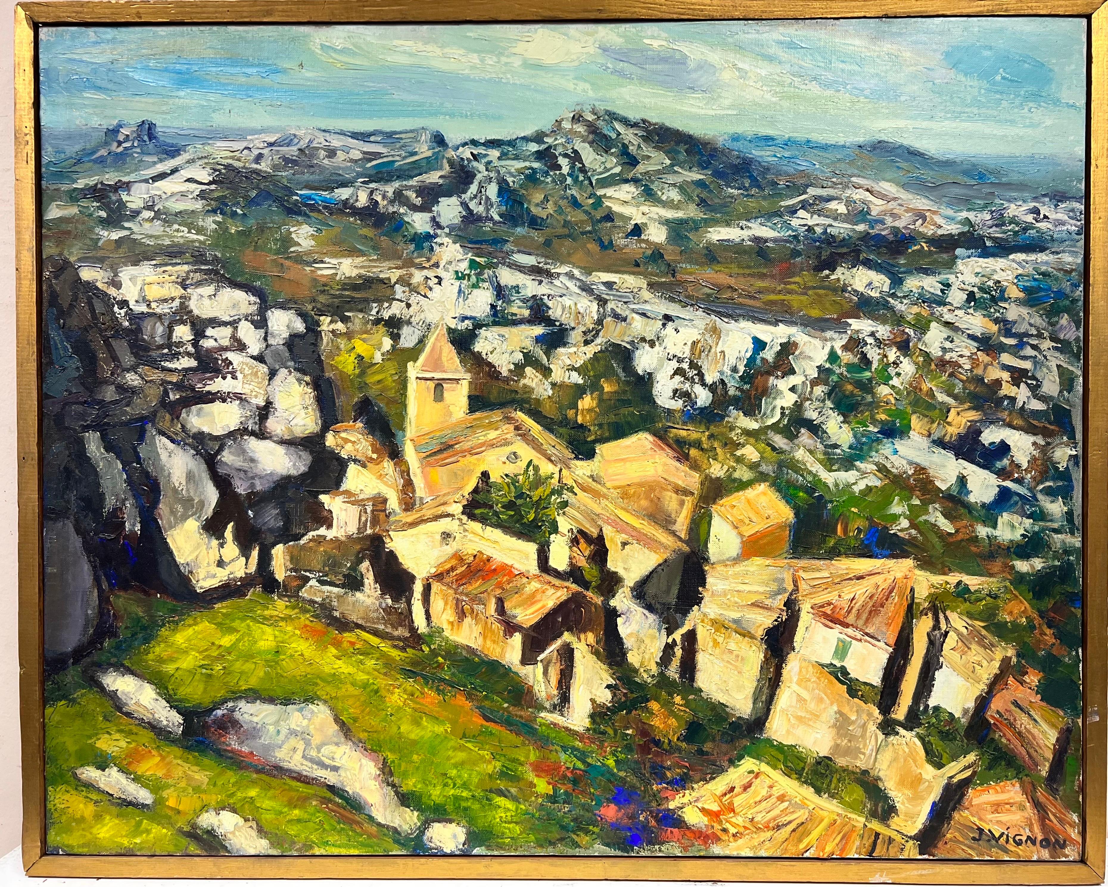 Huge 1960s Post Impressionist Oil Catalan Spanish Mountain Range Hilltop Village - Painting by Josine Vignon