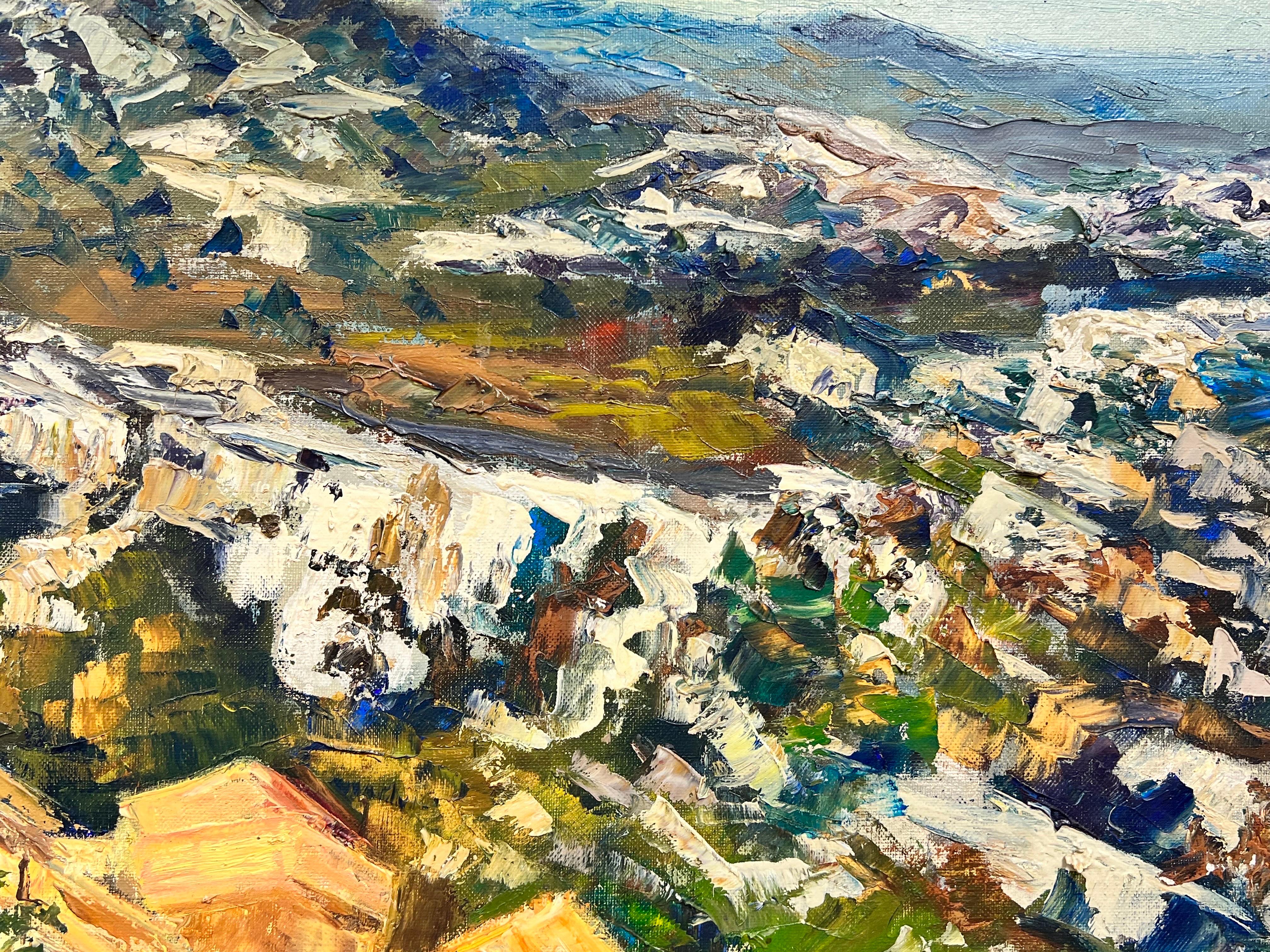 Postimpressionistisches katalanisches Berg Range Hilltop Village, 1960er Jahre (Braun), Landscape Painting, von Josine Vignon