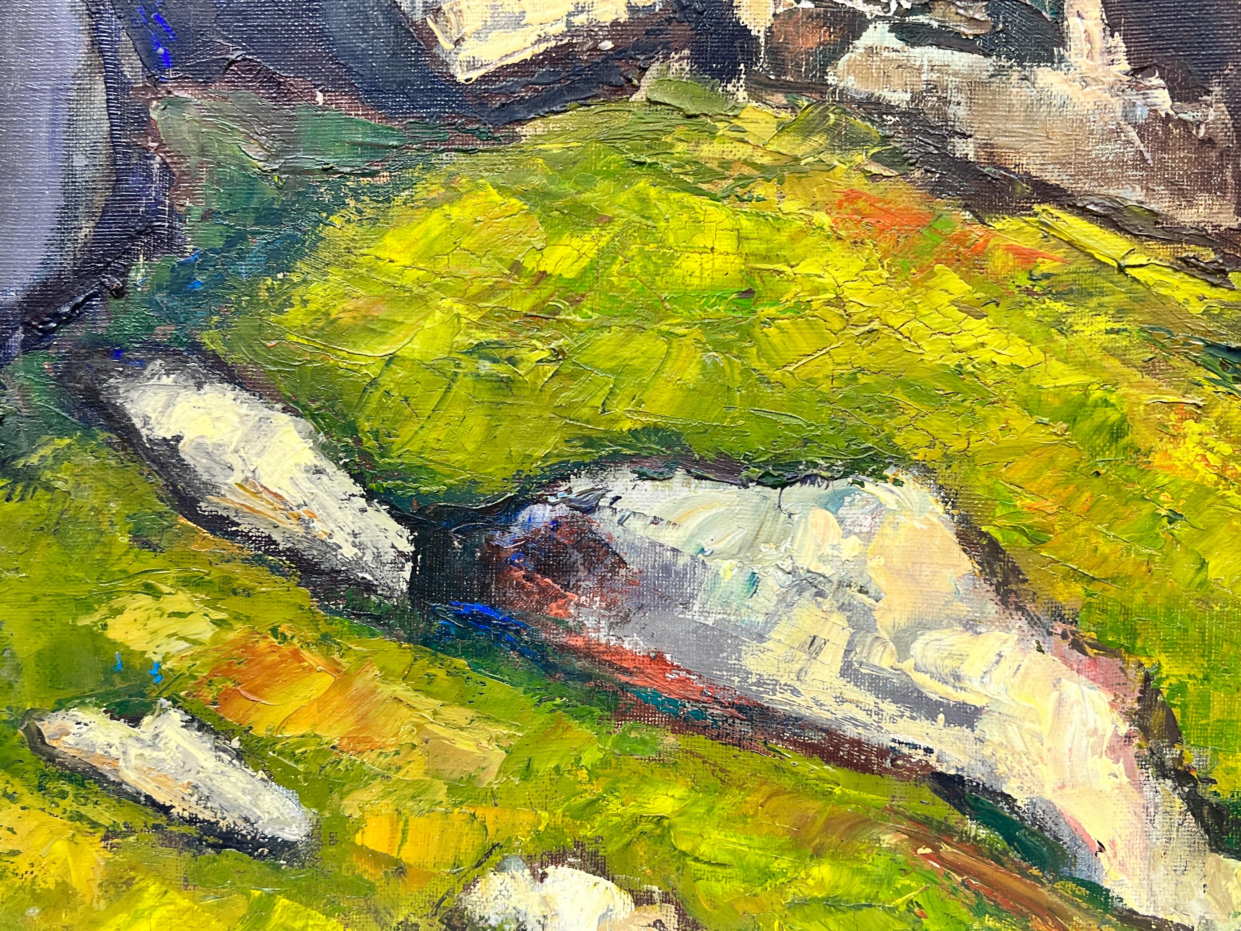 Huge 1960s Post Impressionist Oil Catalan Spanish Mountain Range Hilltop Village - Post-Impressionist Painting by Josine Vignon