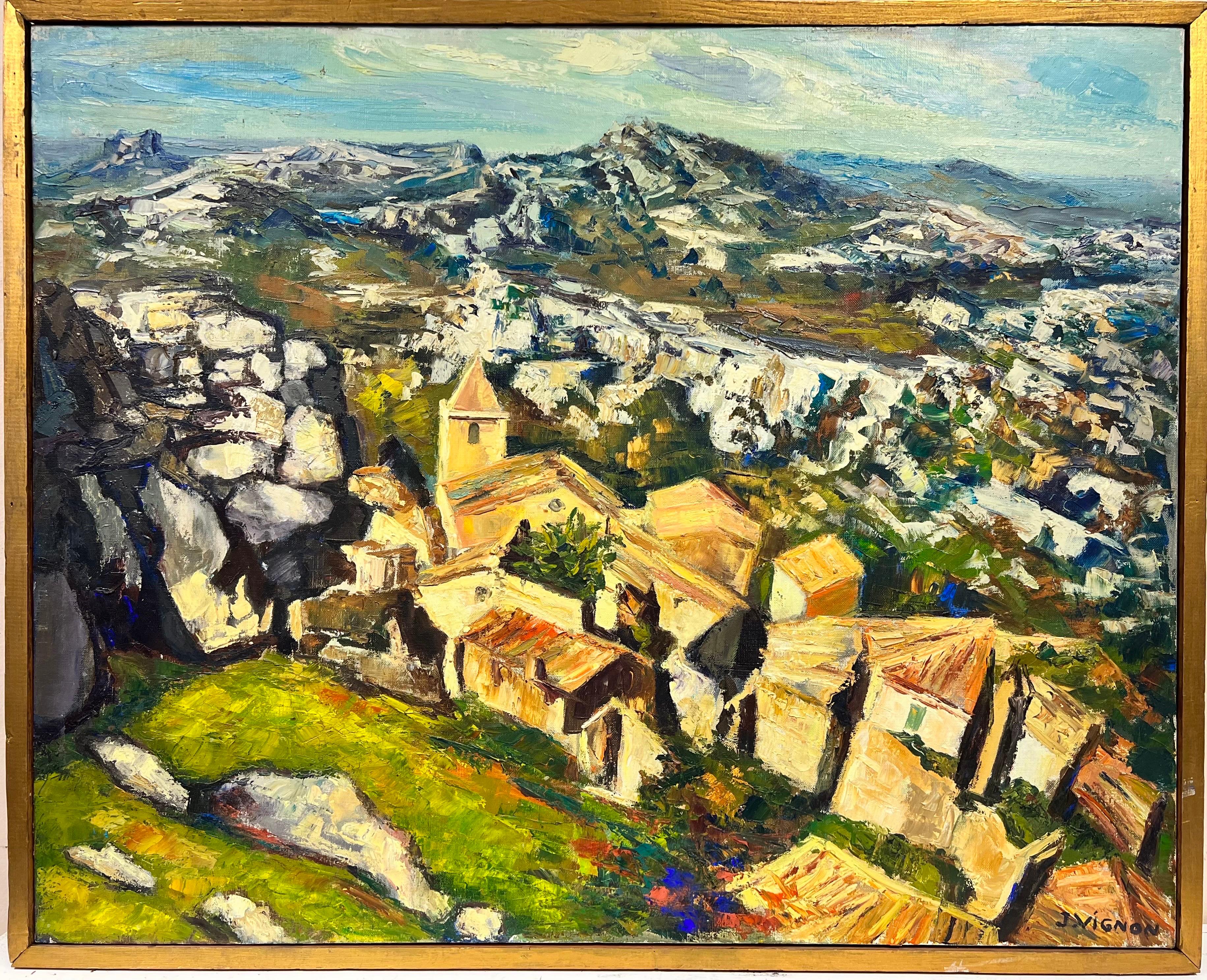 Josine Vignon Landscape Painting - Huge 1960s Post Impressionist Oil Catalan Spanish Mountain Range Hilltop Village