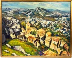 Très grand village post-impressionniste espagnol de montagnes au sommet d'une chaîne de collines, années 1960