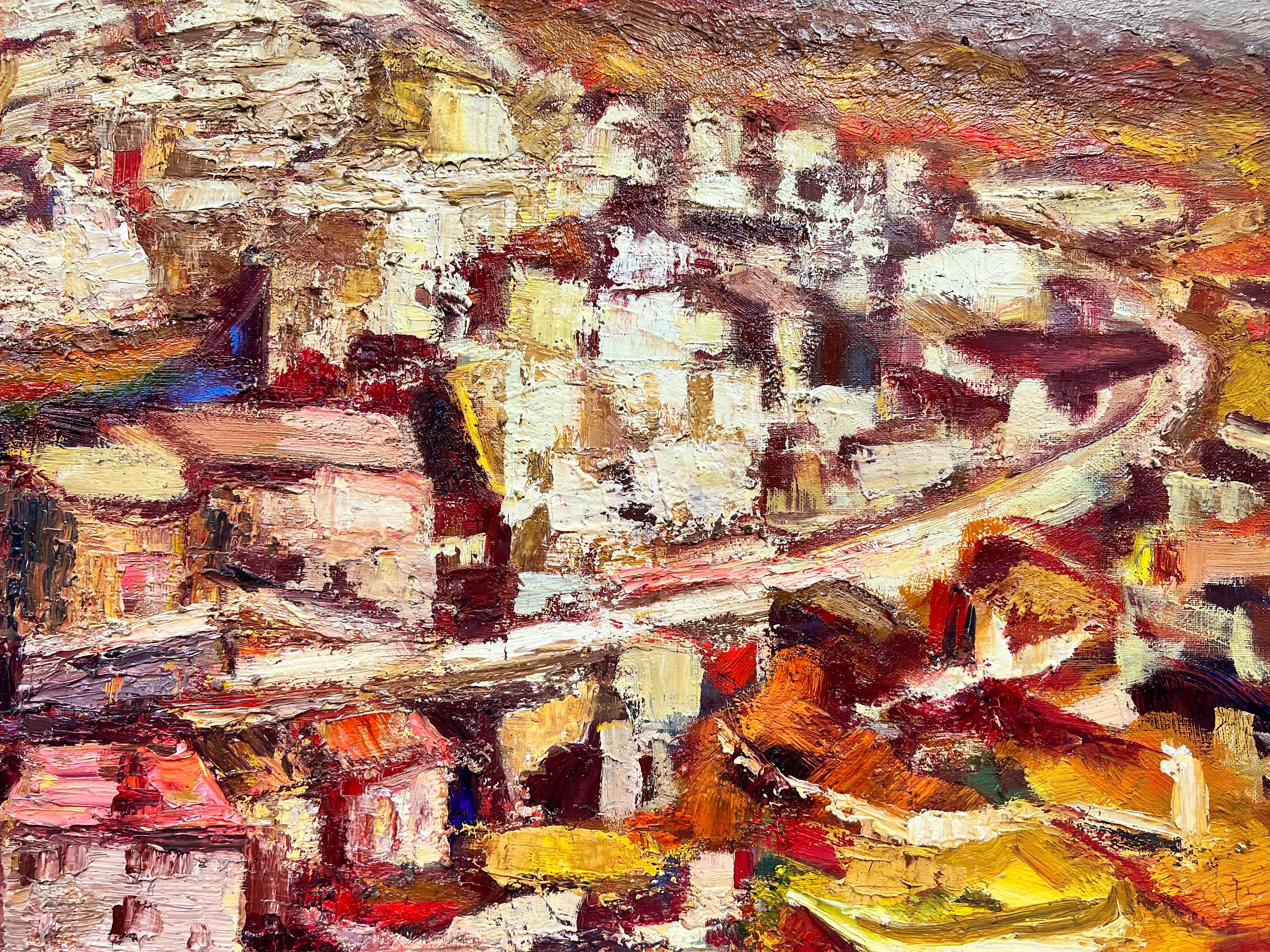 Huge French Post-Impressionist 1950's Oil Horse Riders Hill Top Spanish Village For Sale 5