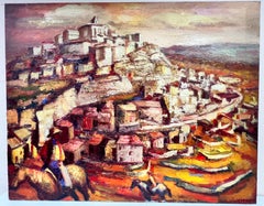 Huge French Post-Impressionist 1950's Oil Horse Riders Hill Top Spanish Village