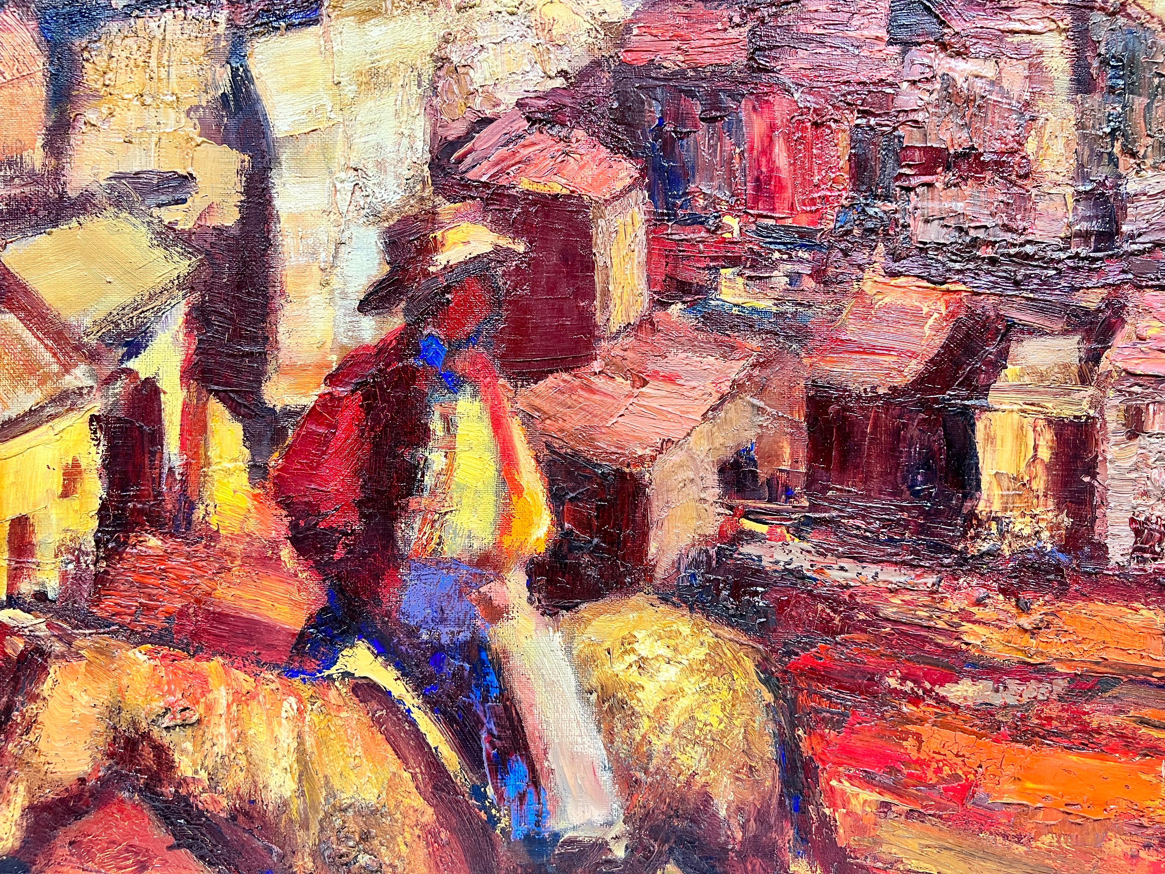 Huge French Post-Impressionist 1950's Oil Horse Riders Hill Top Spanish Village - Brown Landscape Painting by Josine Vignon