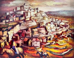 Großes französisches postimpressionistisches Ölpferd, Reiter, Hügel, spanisches Dorf, 1950er Jahre