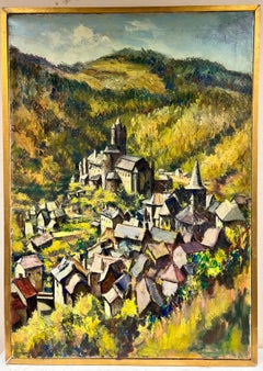 Huge French Post Impressionist Oil Painting Village in Mountaintop Landscape