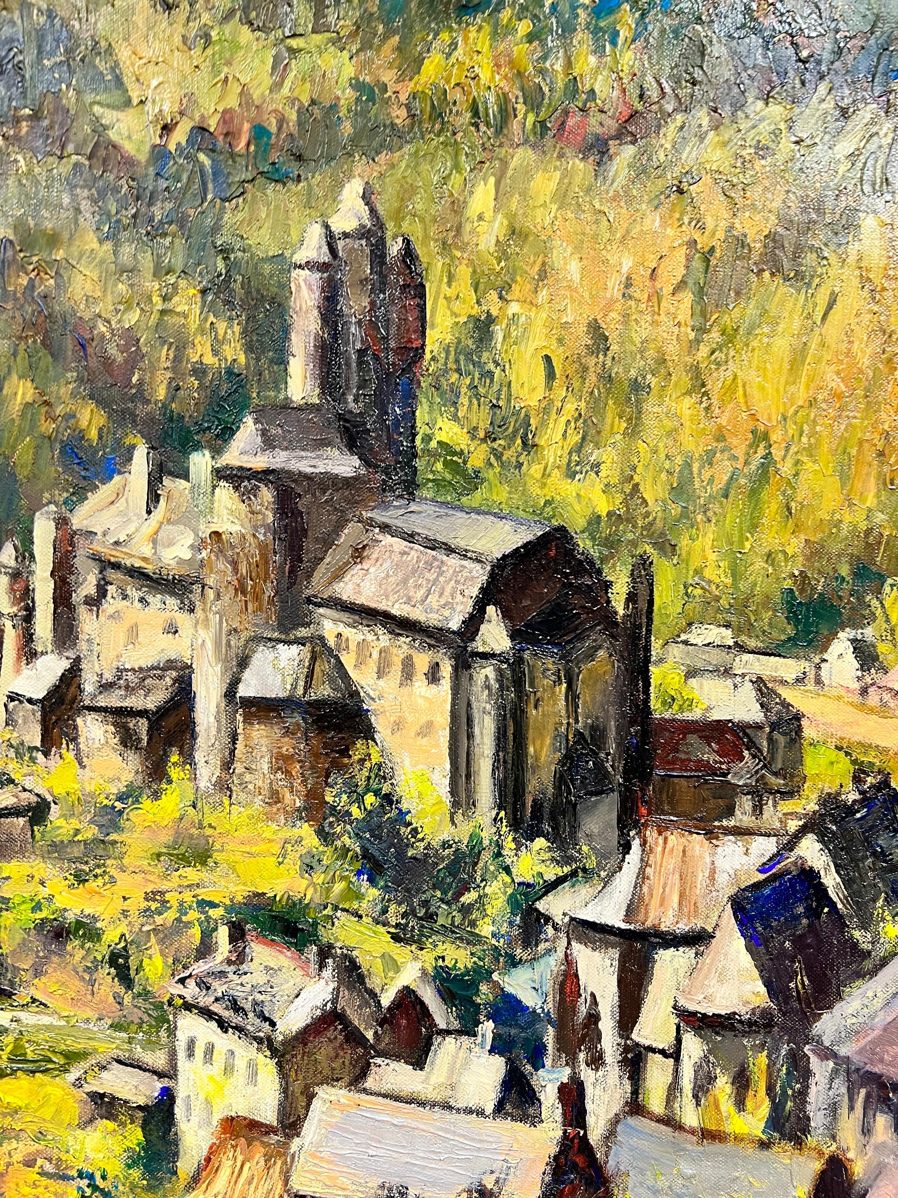 The Mountain Top Village
by Josine Vignon (French 1922-2022)
signed 
oil painting on canvas, framed
framed: 38 x 27 inches
canvas: 25 x 26 inches

Colors: Green colors, yellow, black, red and grey

Very good condition, slight loose fitting in its