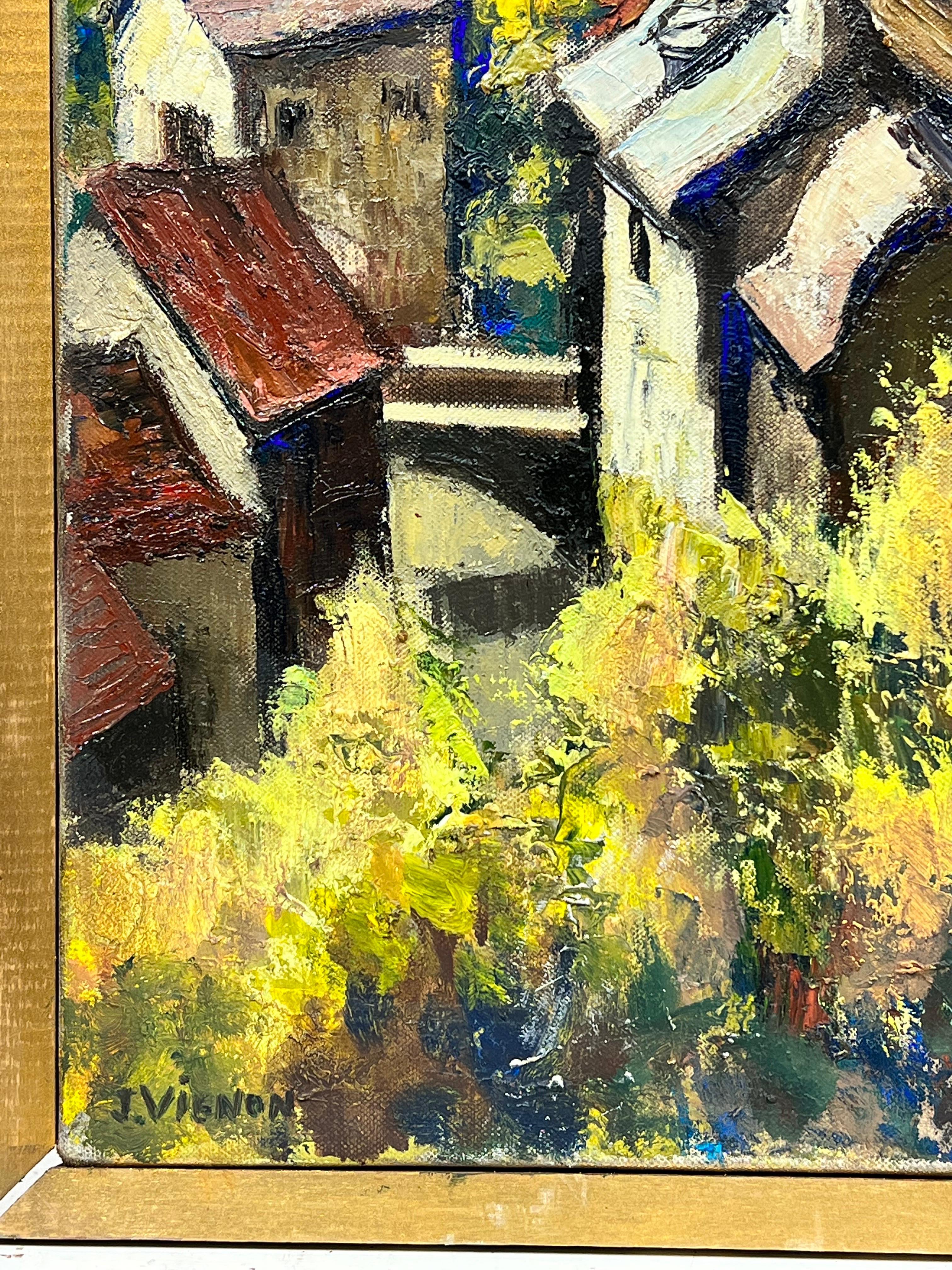 Huge French Post Impressionist Oil Painting Village in Mountaintop Landscape For Sale 2