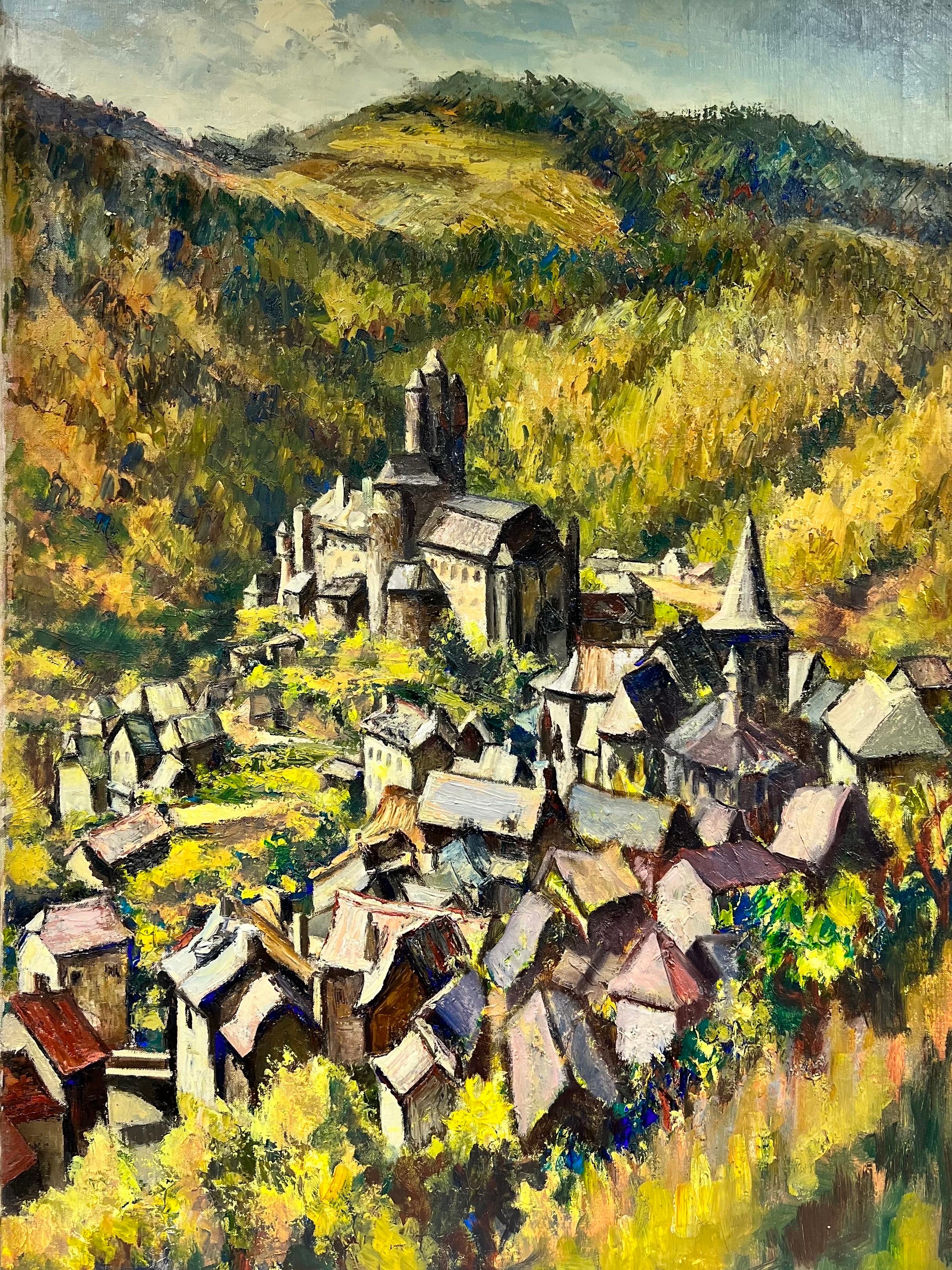 Josine Vignon Landscape Painting - Huge French Post Impressionist Oil Painting Village in Mountaintop Landscape