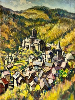 Vintage Huge French Post Impressionist Oil Painting Village in Mountaintop Landscape
