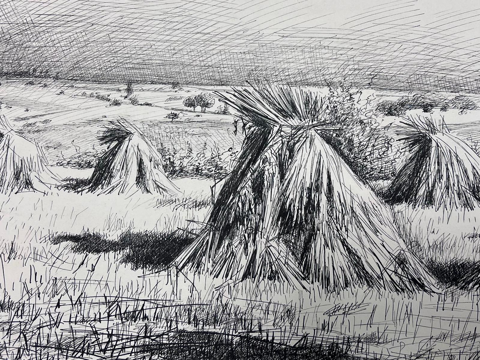 Ink Drawing of Harvested Sheaves in an Expansive Countryside Landscape - Painting by Josine Vignon