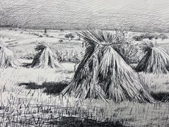 Dibujo a tinta de gavillas cosechadas en un extenso paisaje campestre