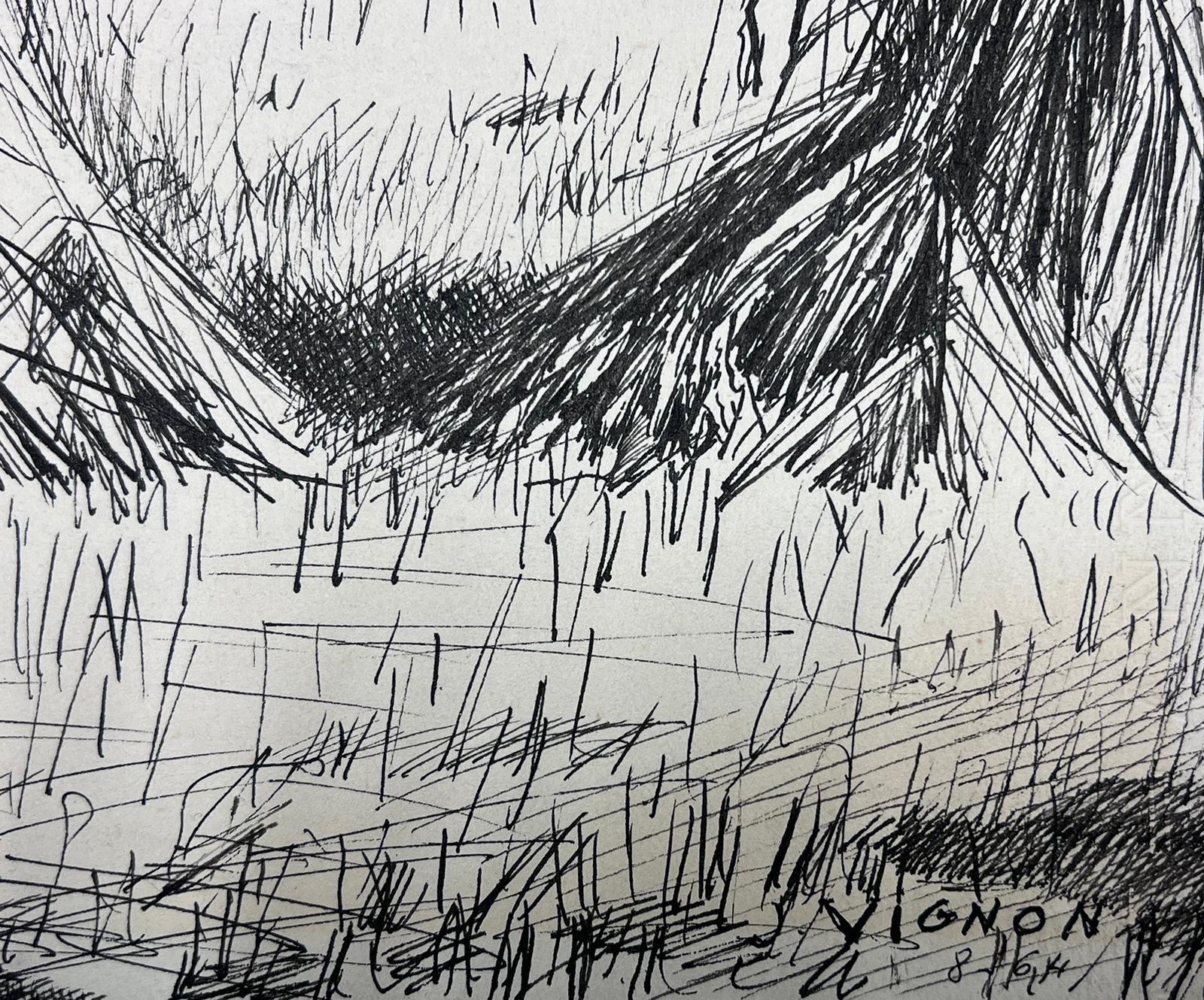 Ink Drawing of Harvested Sheaves in an Expansive Countryside Landscape - Impressionist Painting by Josine Vignon
