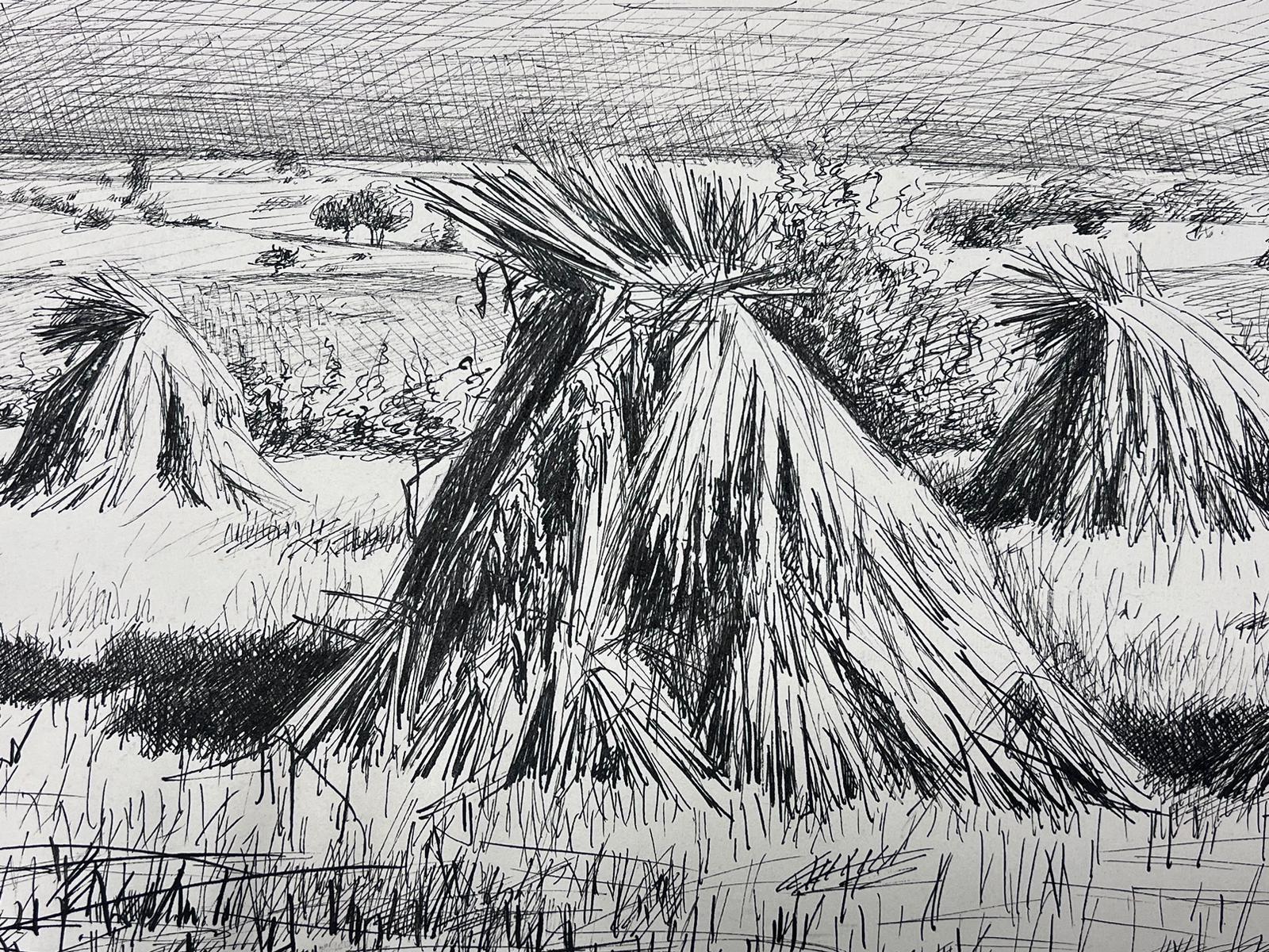 Ink Drawing of Harvested Sheaves in an Expansive Countryside Landscape - Gray Landscape Painting by Josine Vignon