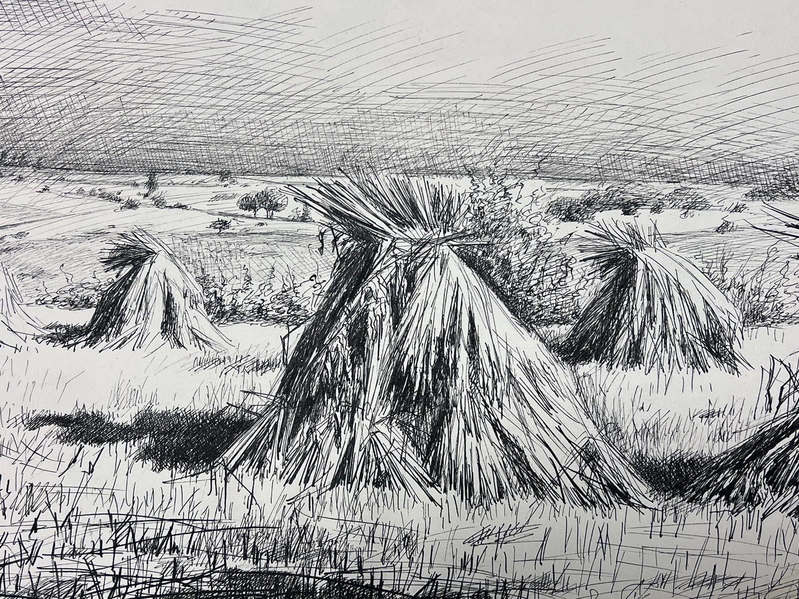 Ink Drawing of Harvested Sheaves in an Expansive Countryside Landscape For Sale 1