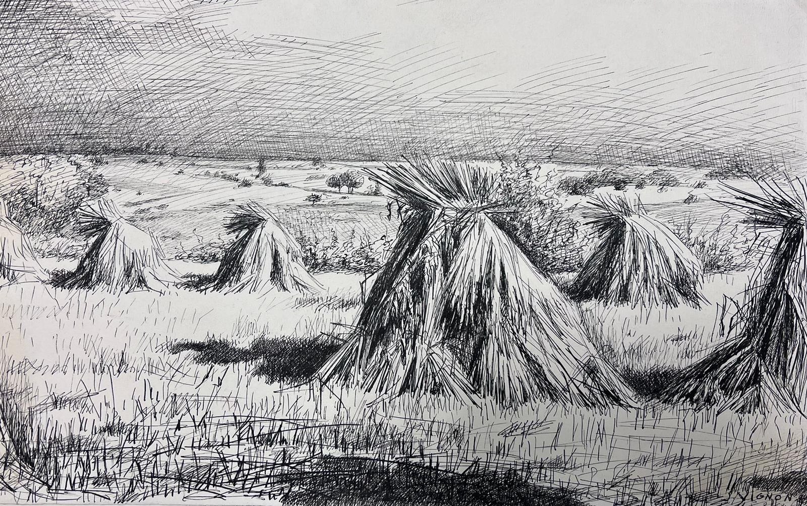 Dibujo a tinta de gavillas cosechadas en un extenso paisaje campestre
