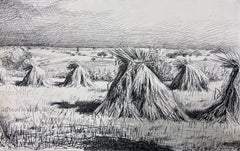 Dibujo a tinta de gavillas cosechadas en un extenso paisaje campestre