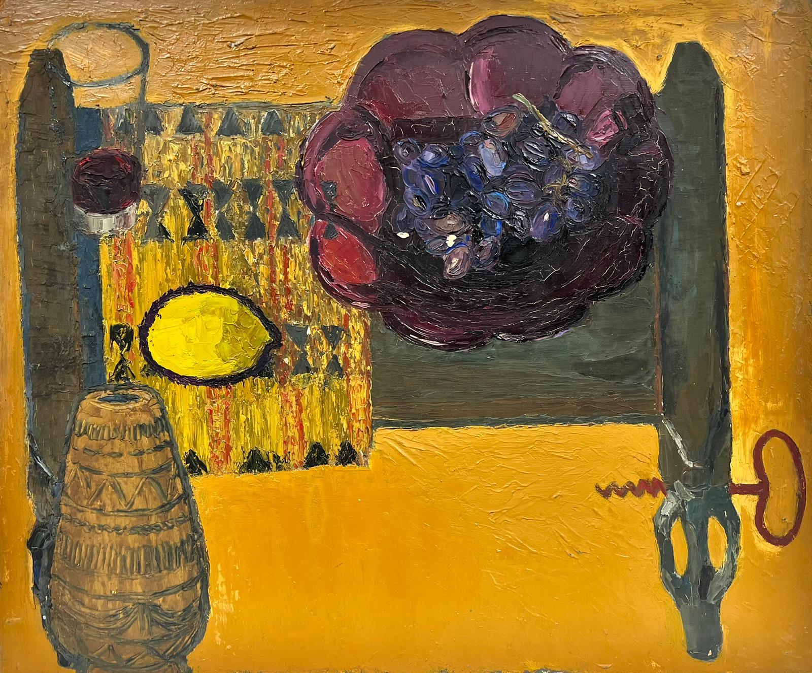 Josine Vignon Landscape Painting – French Modernist Interior Kitchen Scene Grapes and Lemons Thick Oil Impasto 