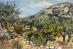La Garrigue South of Provence Sunny Landscape 1960's French Oil Painting 