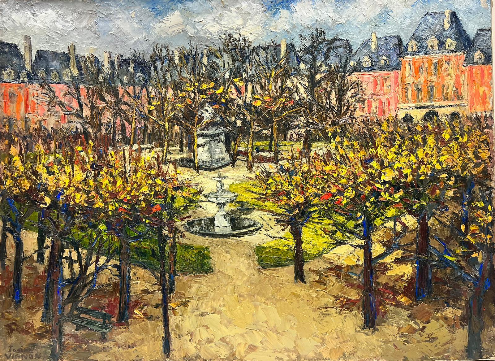 Josine Vignon Landscape Painting - La Place des Vosges Paris Gardens 1960’s French Post Impressionist Signed Oil