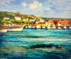Large 1960's French Post-Impressionist Oil The French Riviera Coastal Town