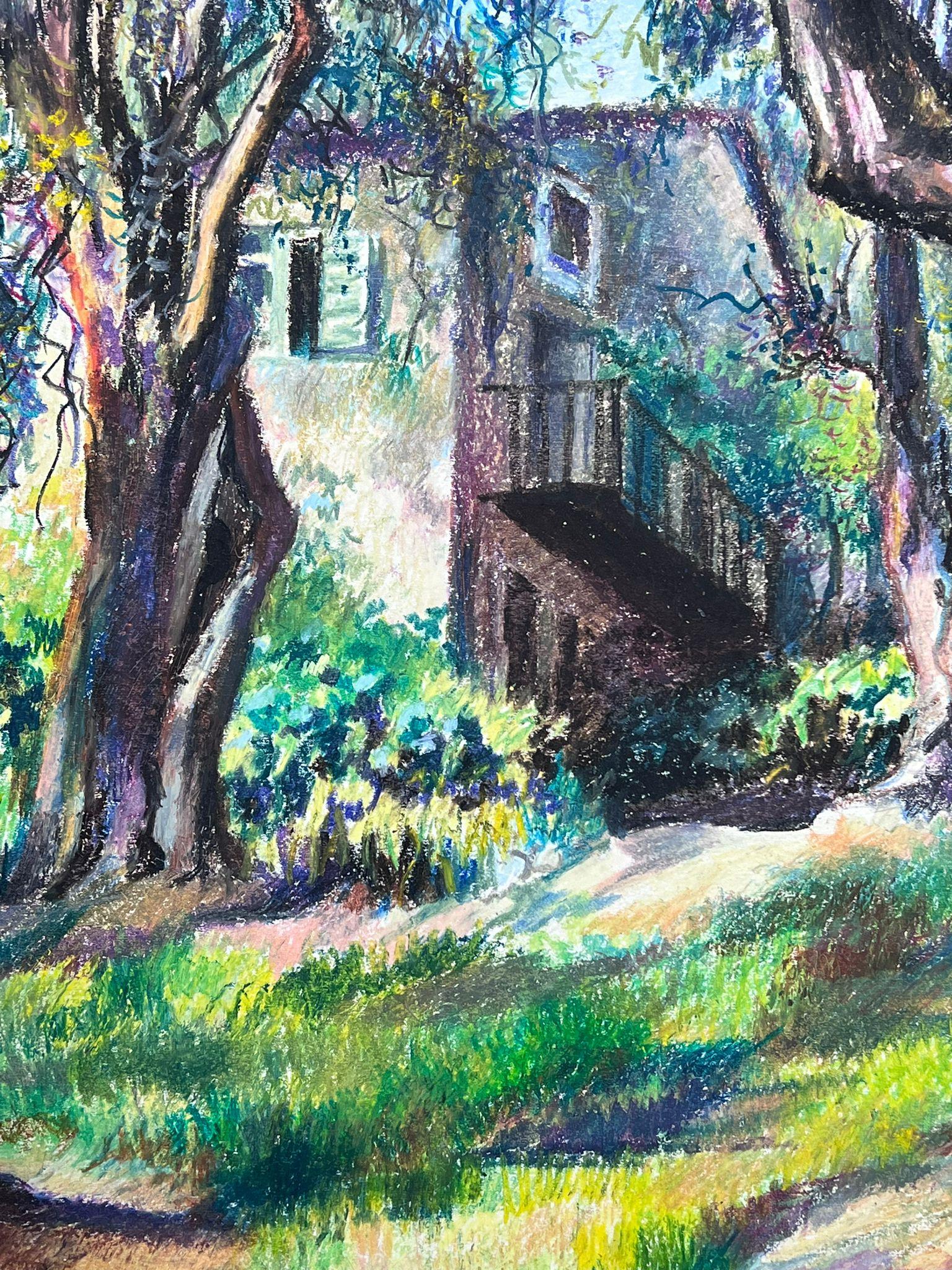 Large 1970's French Impressionist Pastel Chateau In The Green Woodlands For Sale 1