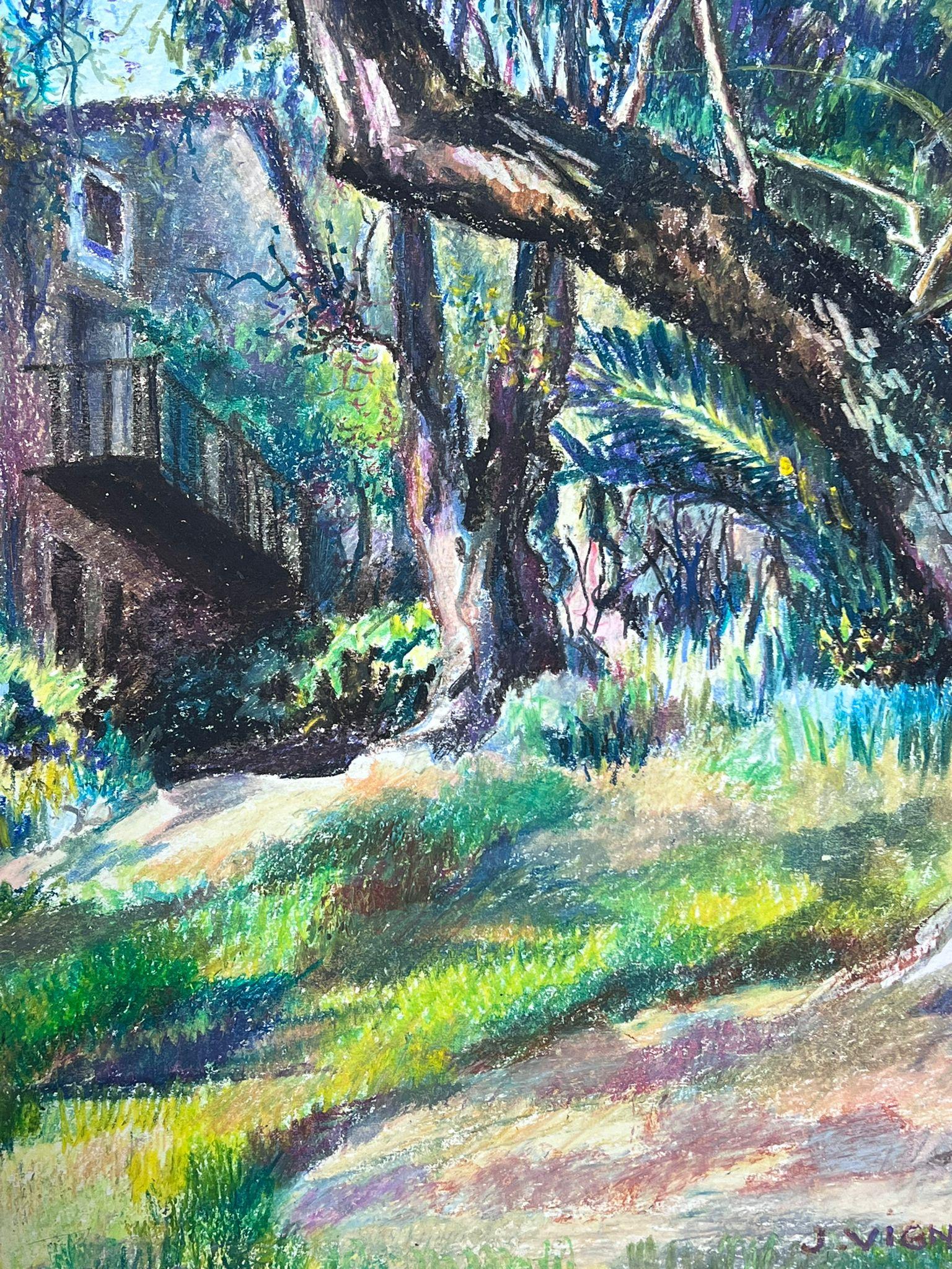 Large 1970's French Impressionist Pastel Chateau In The Green Woodlands For Sale 2