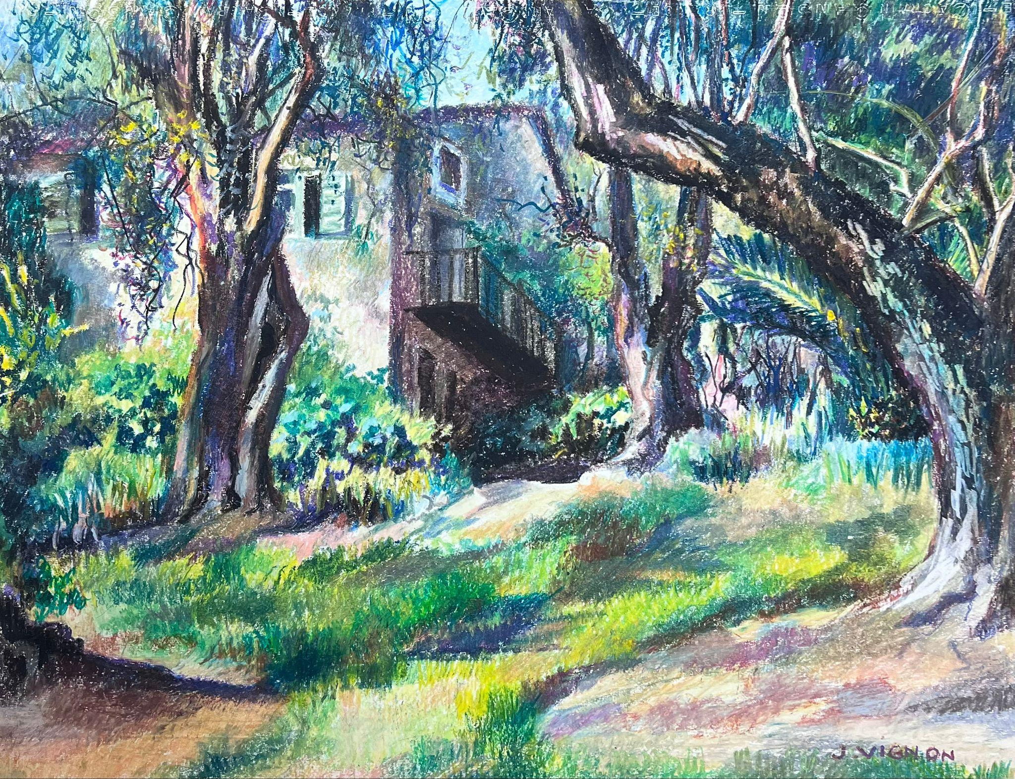 Josine Vignon Landscape Painting – Große 1970's Französisch Impressionist Pastell Chateau In The Green Woodlands