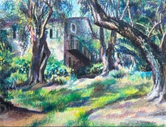 Große 1970's Französisch Impressionist Pastell Chateau In The Green Woodlands