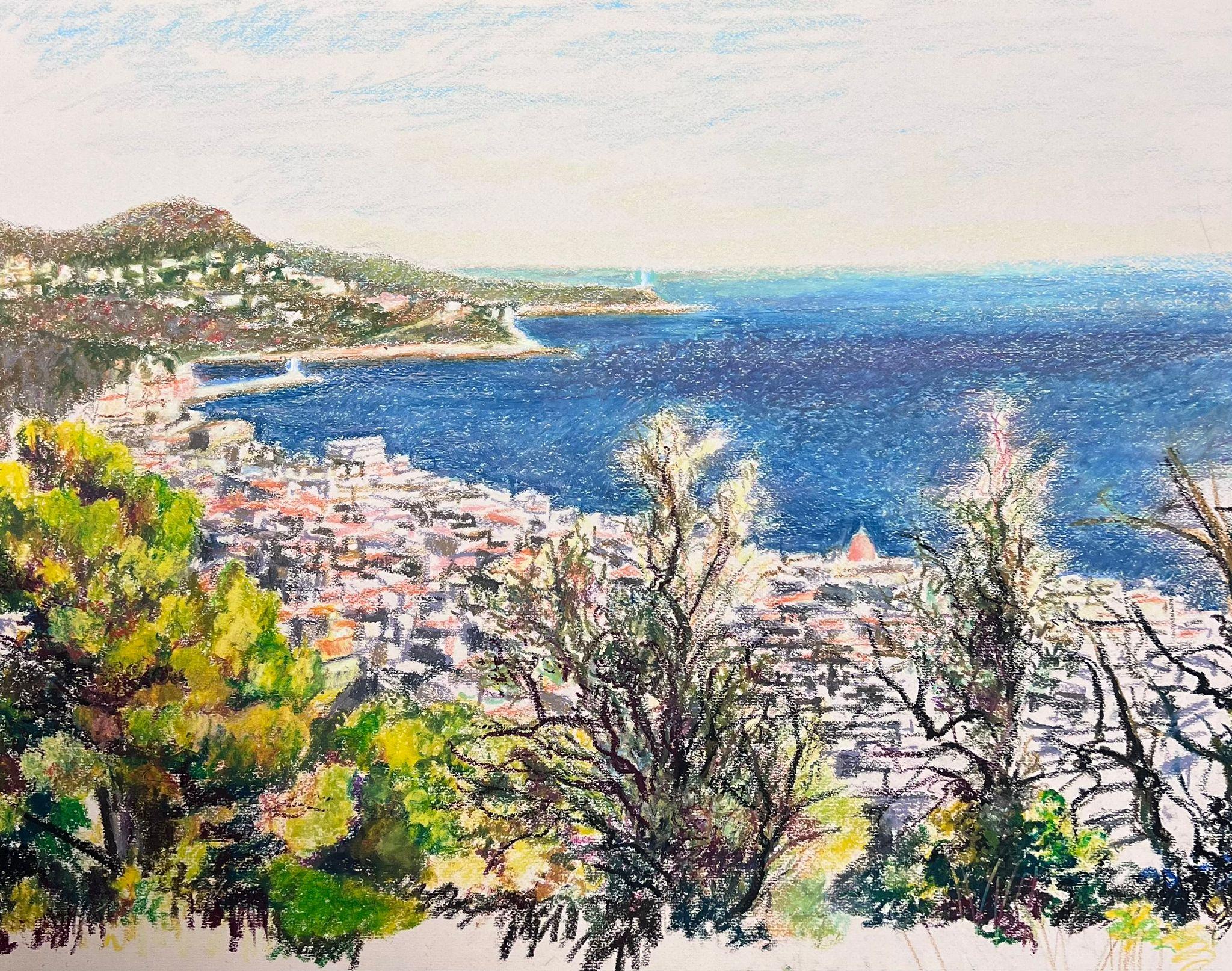 Large 1970's French Impressionist Pastel Côte d'Azur Nice Landscape - Painting by Josine Vignon