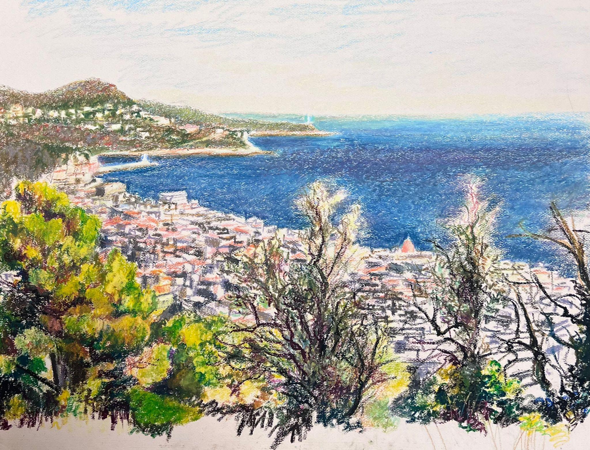 Grand pastel impressionniste français des années 1970 Côte d'Azur Nice Paysage