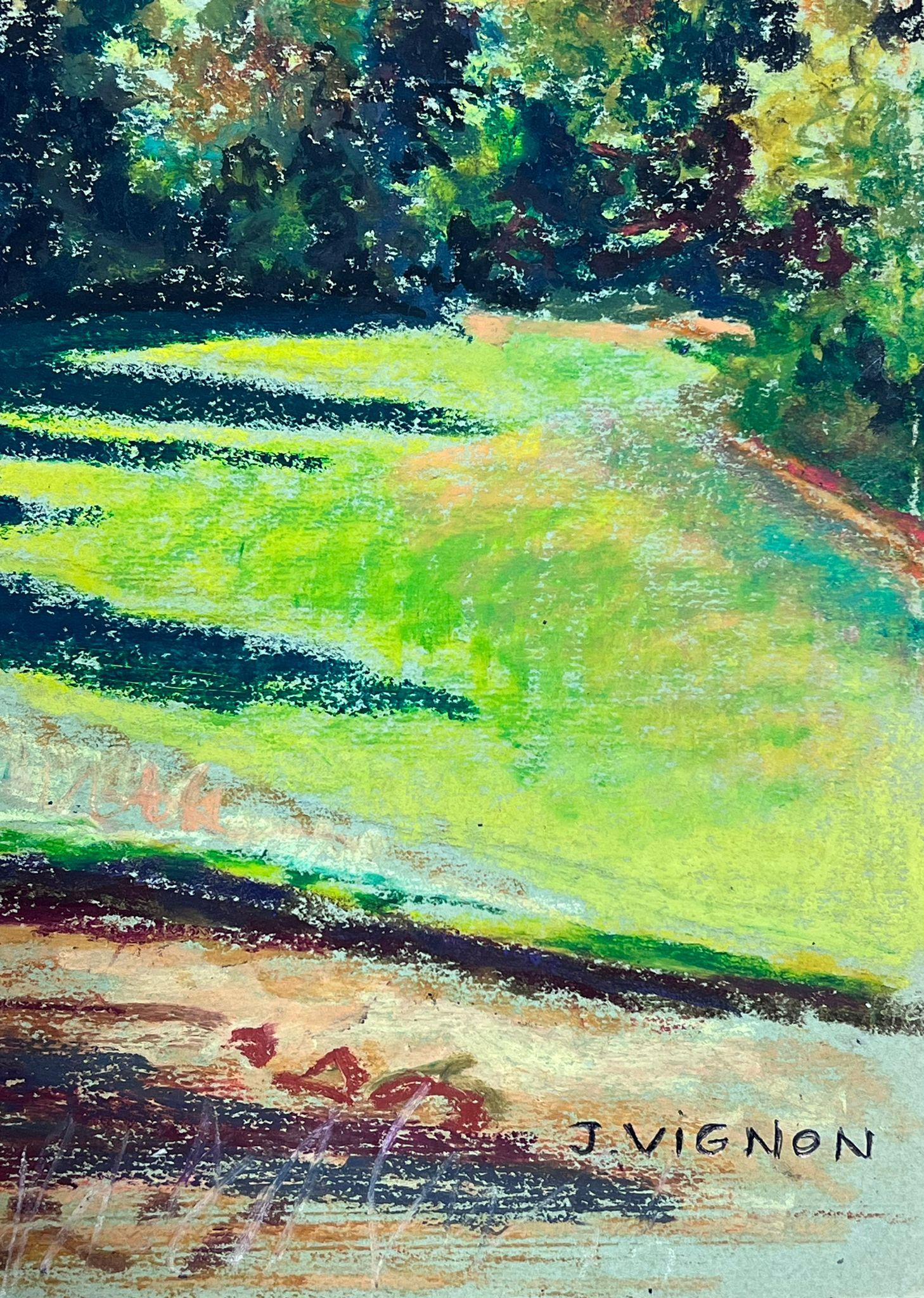 Große 1970's Französisch Impressionist Pastell Kühe Munching On Summer Green Grass (Impressionismus), Painting, von Josine Vignon