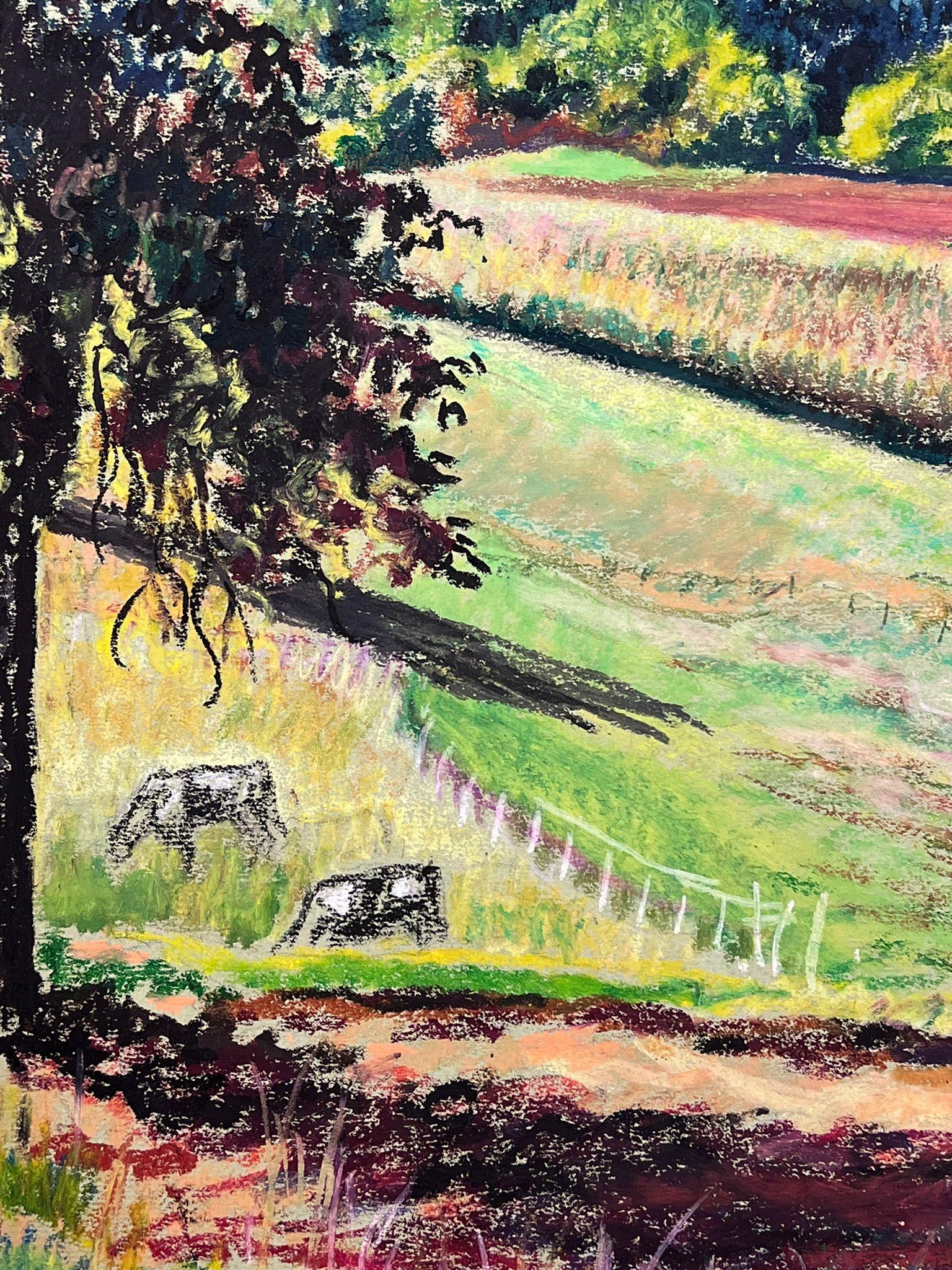 Large 1970's French Impressionist Pastel Cows Munching On Summer Green Grass For Sale 1