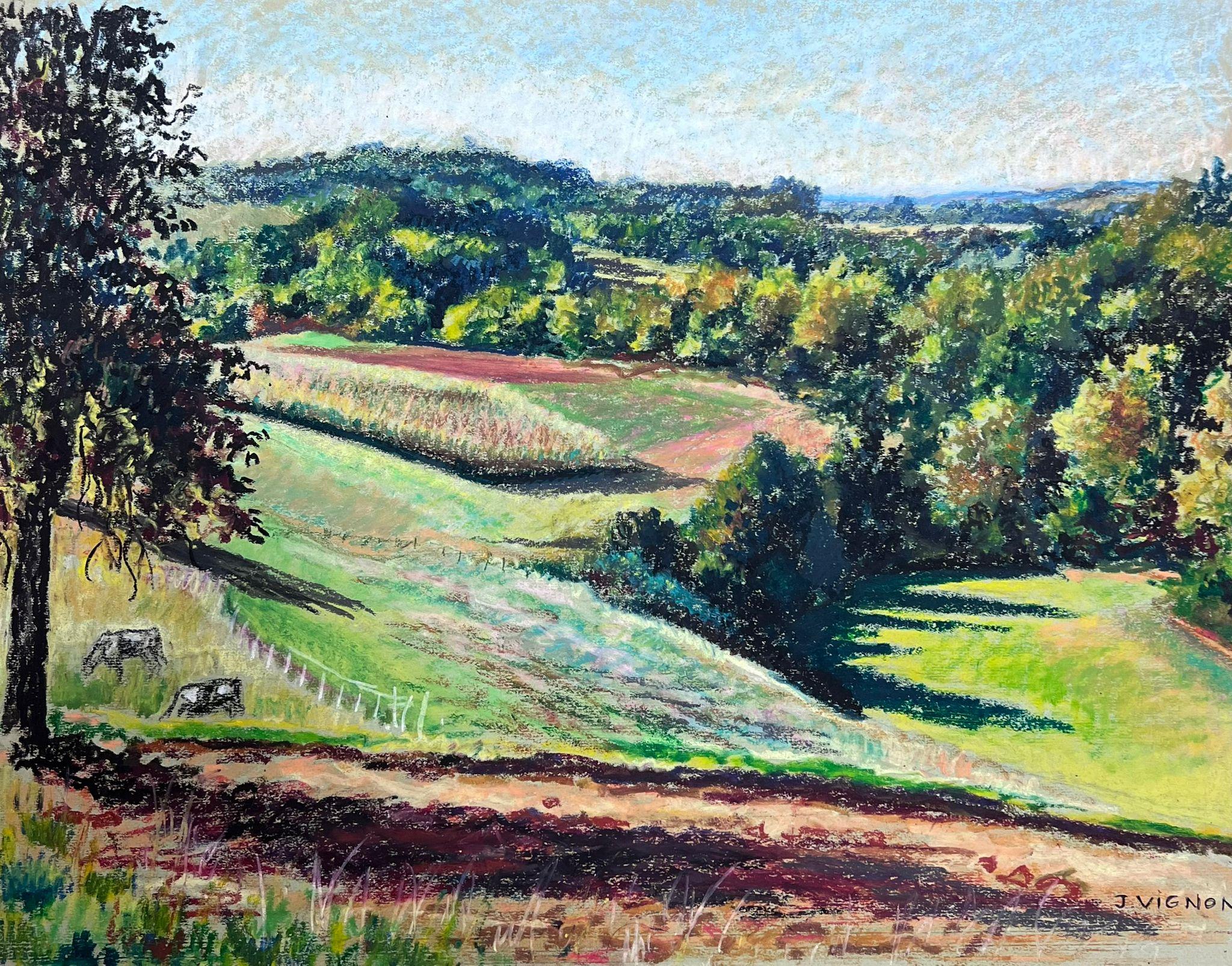 Josine Vignon Landscape Painting – Große 1970's Französisch Impressionist Pastell Kühe Munching On Summer Green Grass
