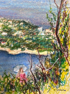 Large 1970's French Impressionist Pastel Figure In Côte d'Azur Nice Landscape
