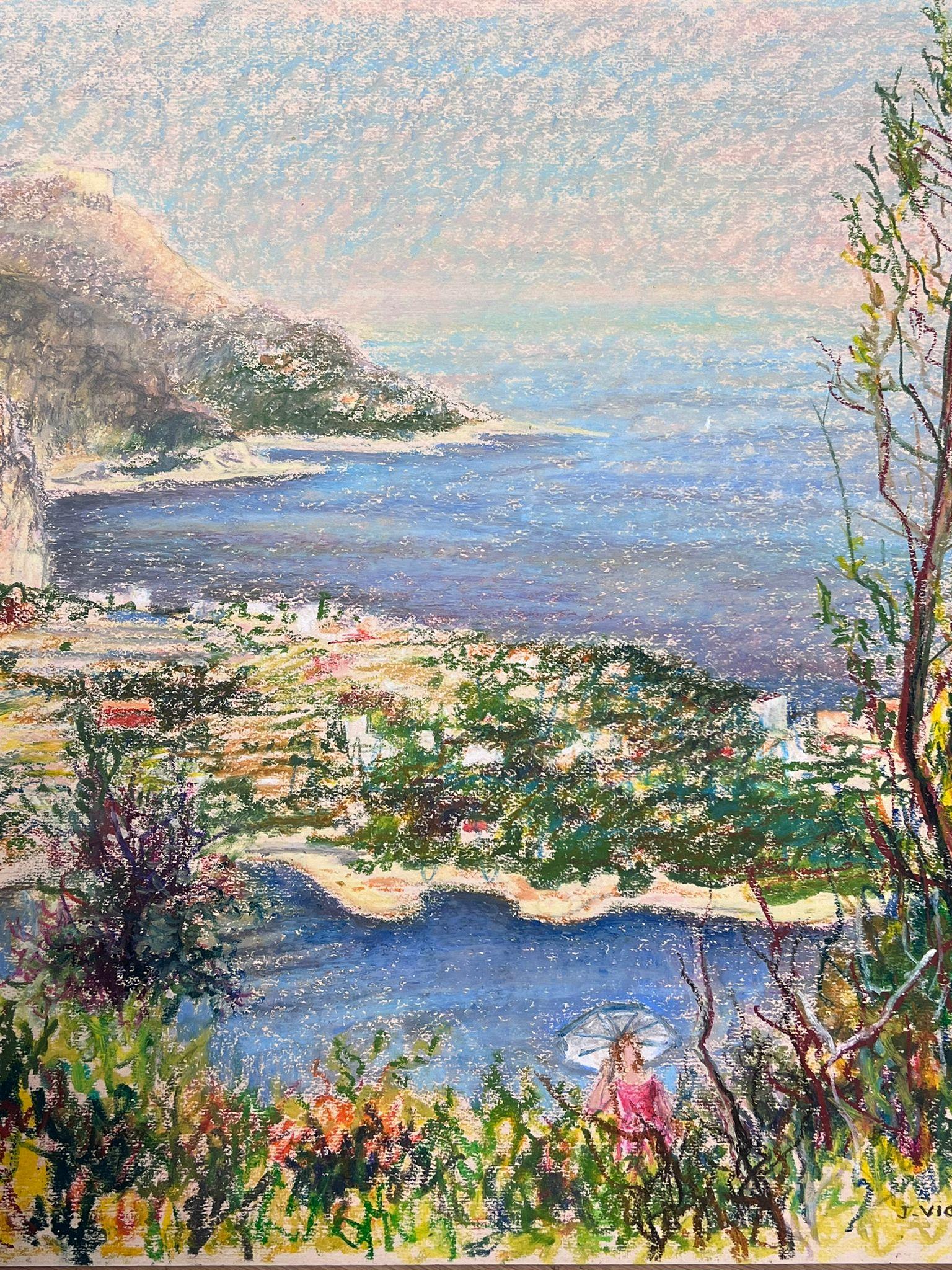 Large 1970's French Impressionist Pastel Figure In Côte d'Azur Nice Landscape For Sale 3