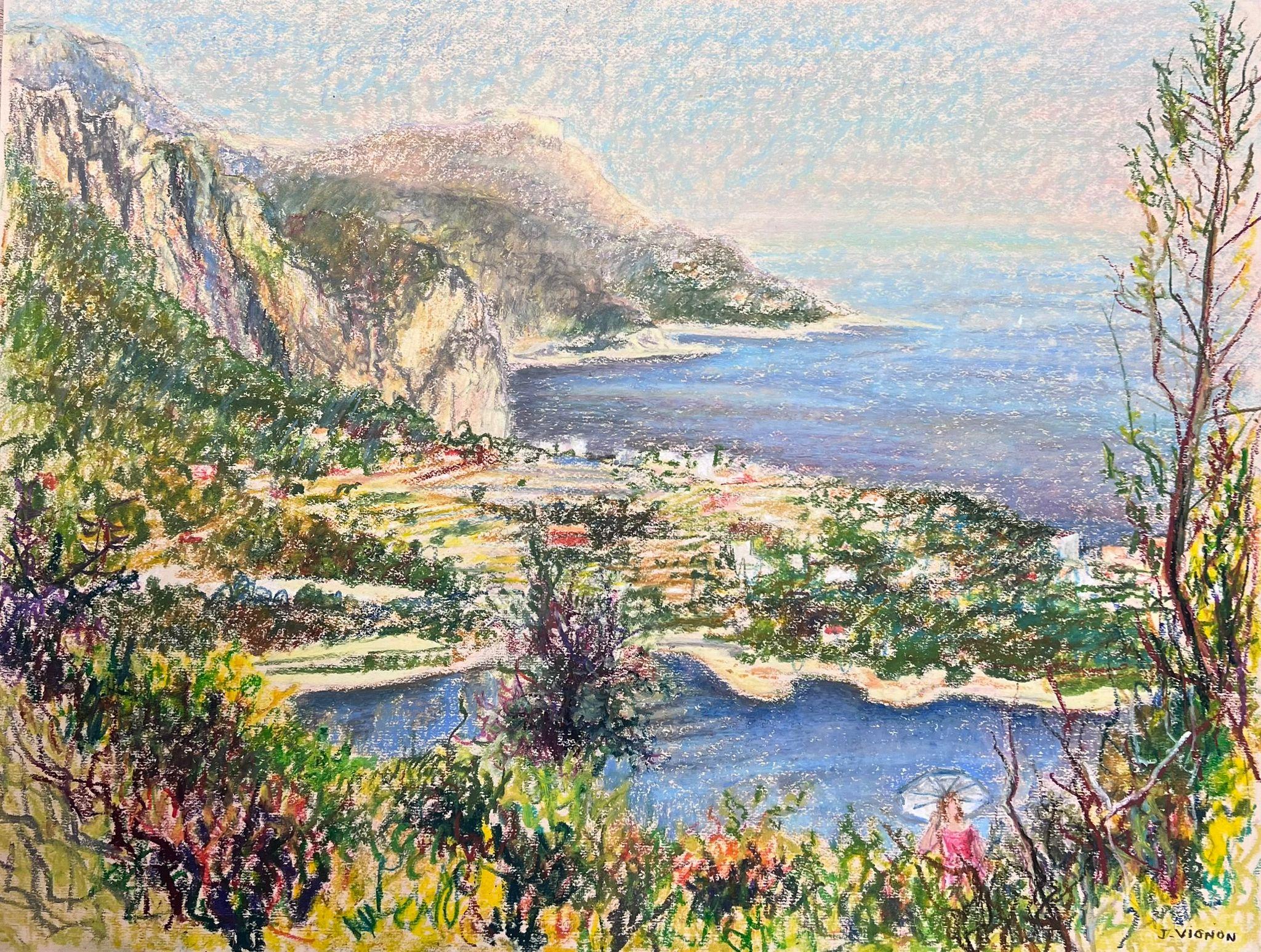 Large 1970's French Impressionist Pastel Figure In Côte d'Azur Nice Landscape For Sale 4