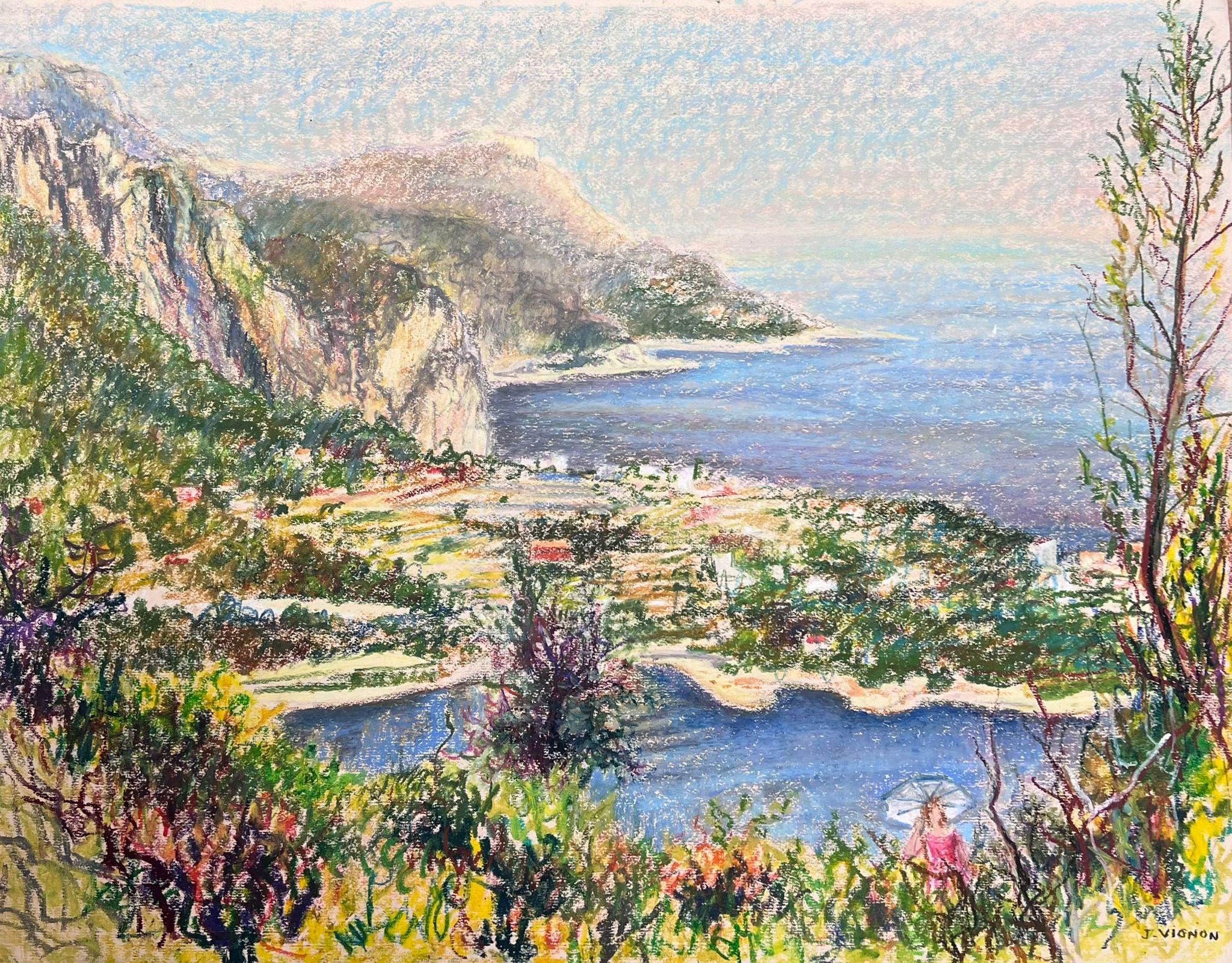 Josine Vignon Landscape Painting - Large 1970's French Impressionist Pastel Figure In Côte d'Azur Nice Landscape