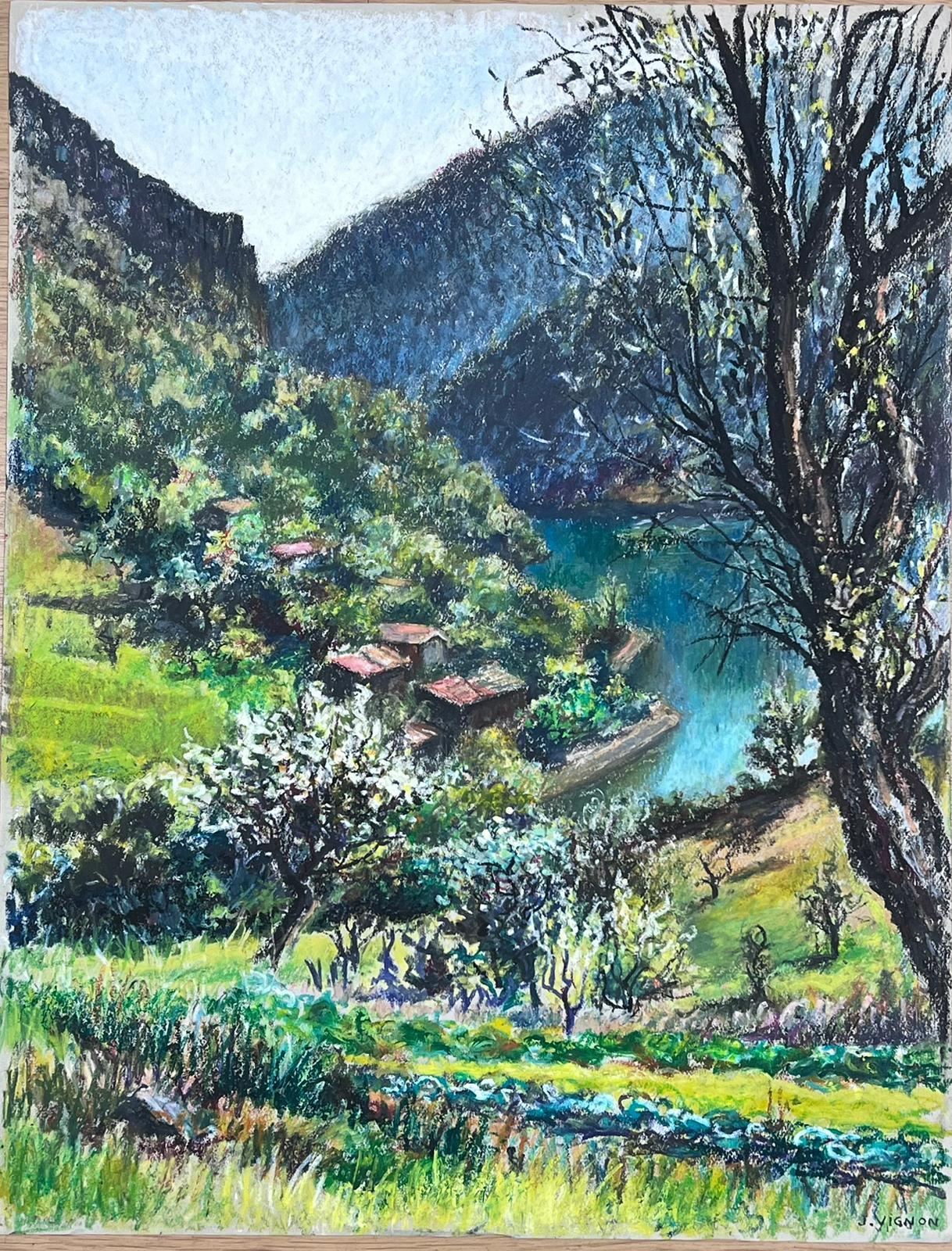 Large 1970's French Impressionist Pastel The Lake of Castillon Provence - Painting by Josine Vignon