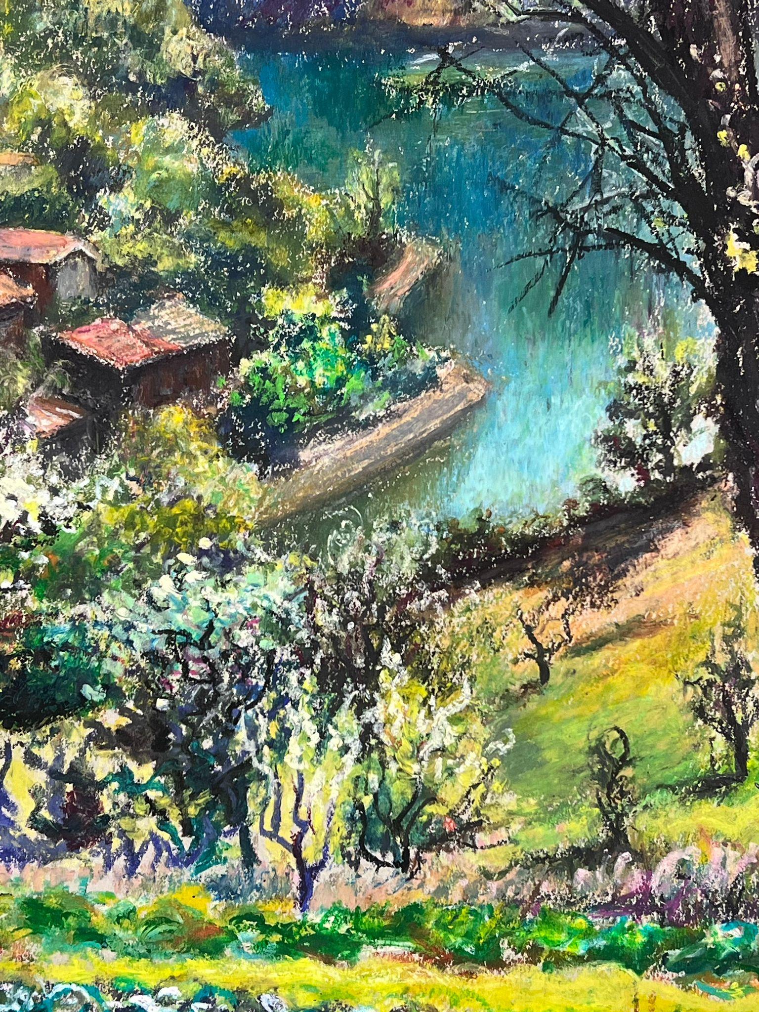 Large 1970's French Impressionist Pastel The Lake of Castillon Provence For Sale 2